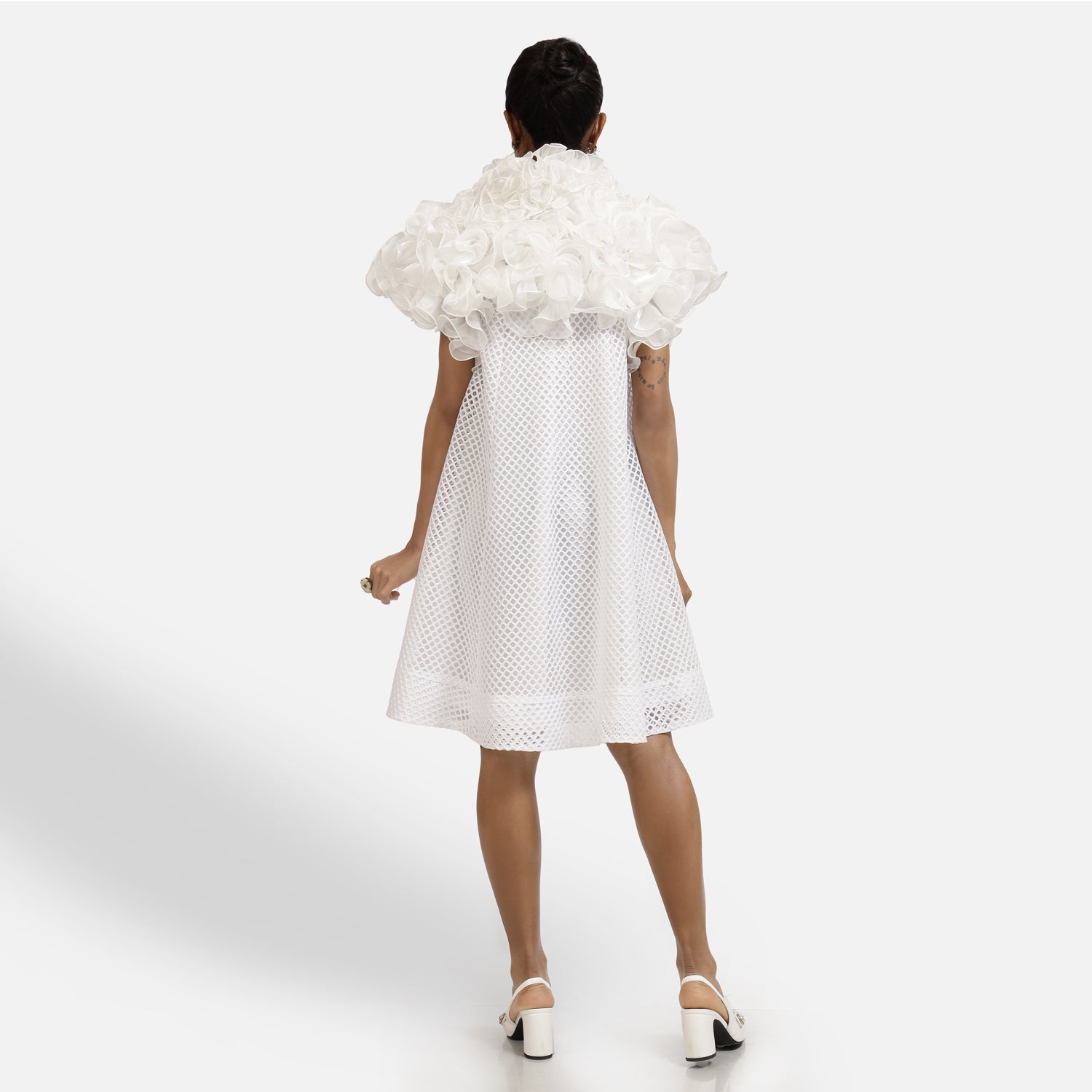 White Mesh Net Frill Neck Dress