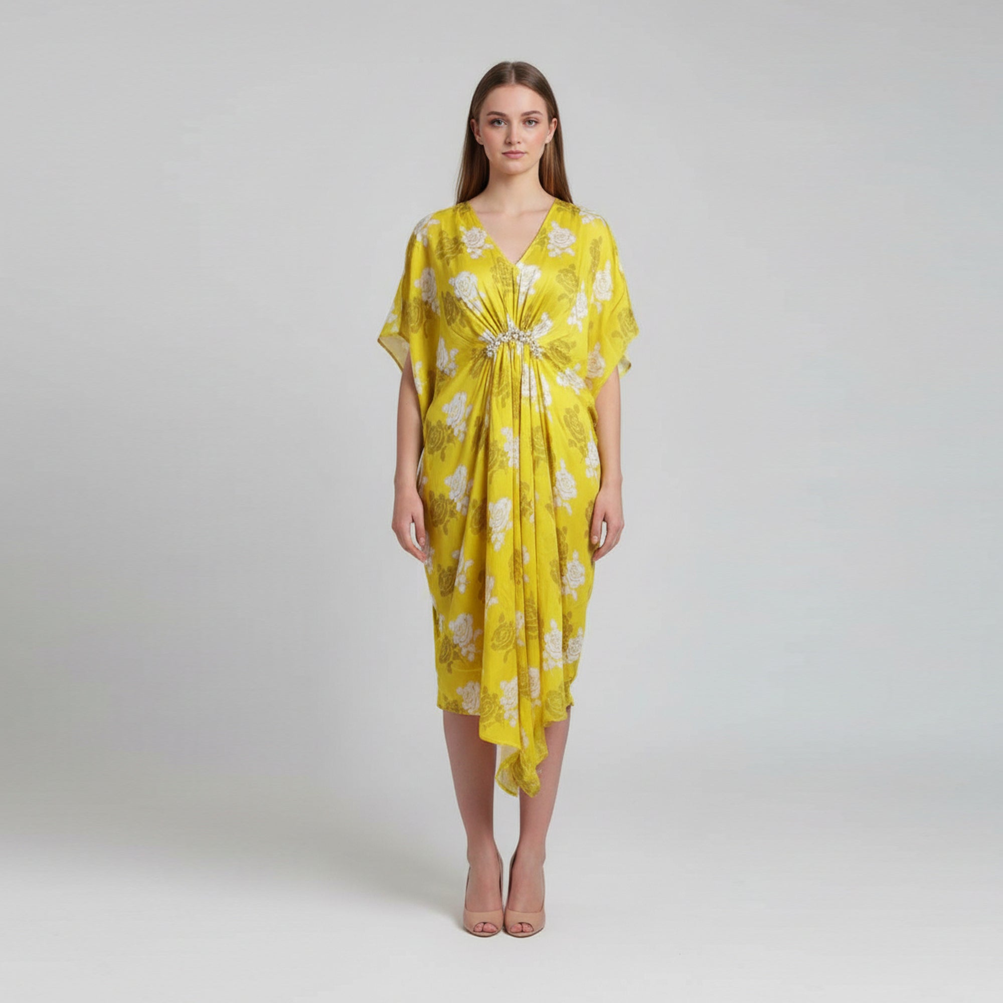 Yellow Satin Kaftan With Pearls