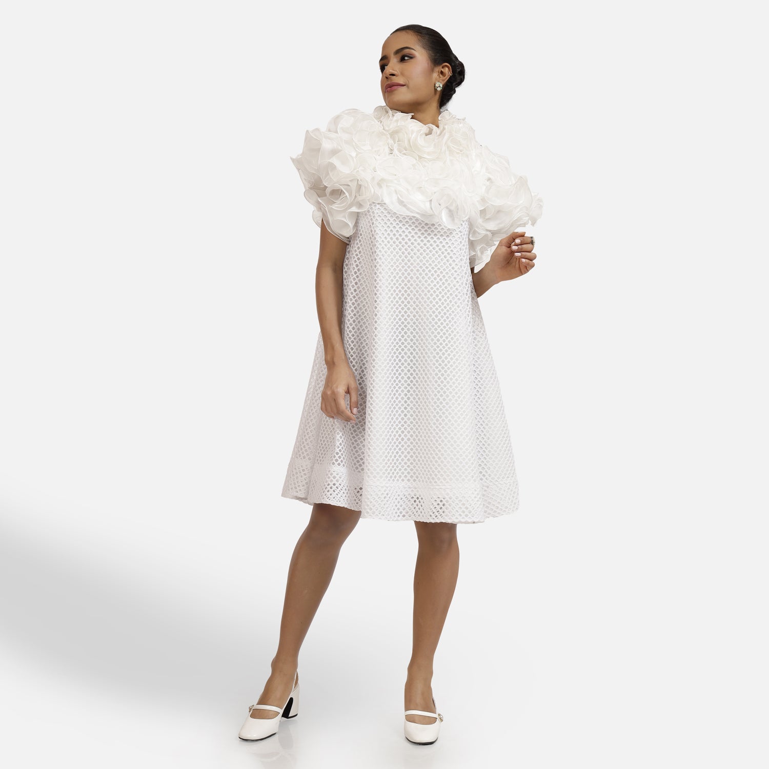 White Mesh Net Frill Neck Dress