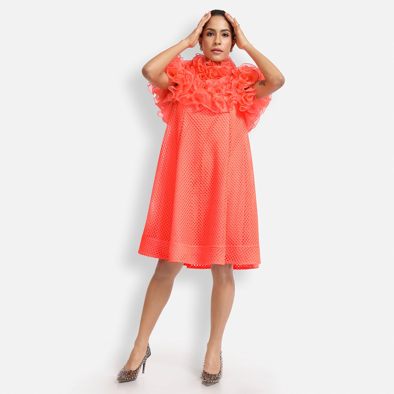 Neon Mesh Net Frill Neck Dress