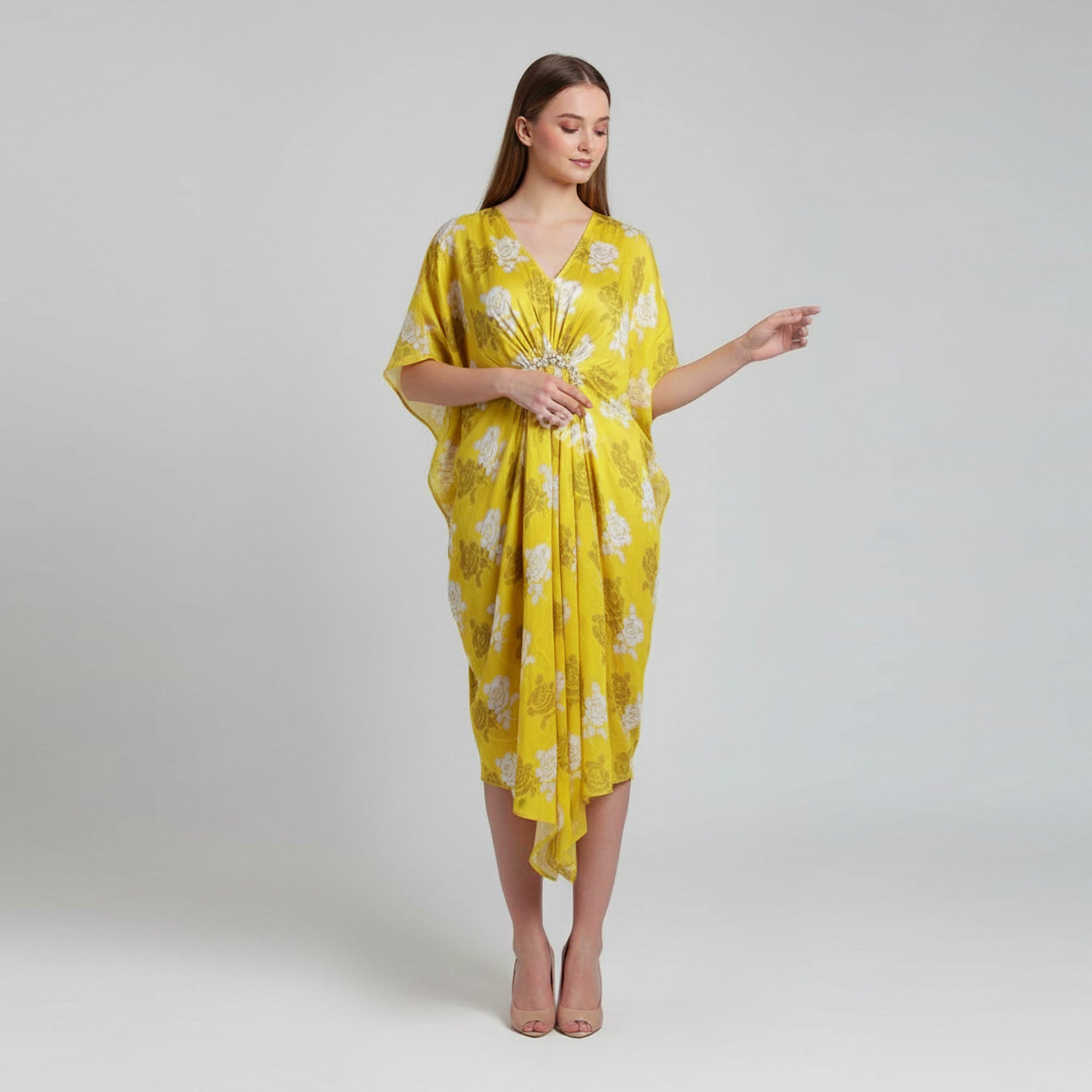 Yellow Satin Kaftan With Pearls