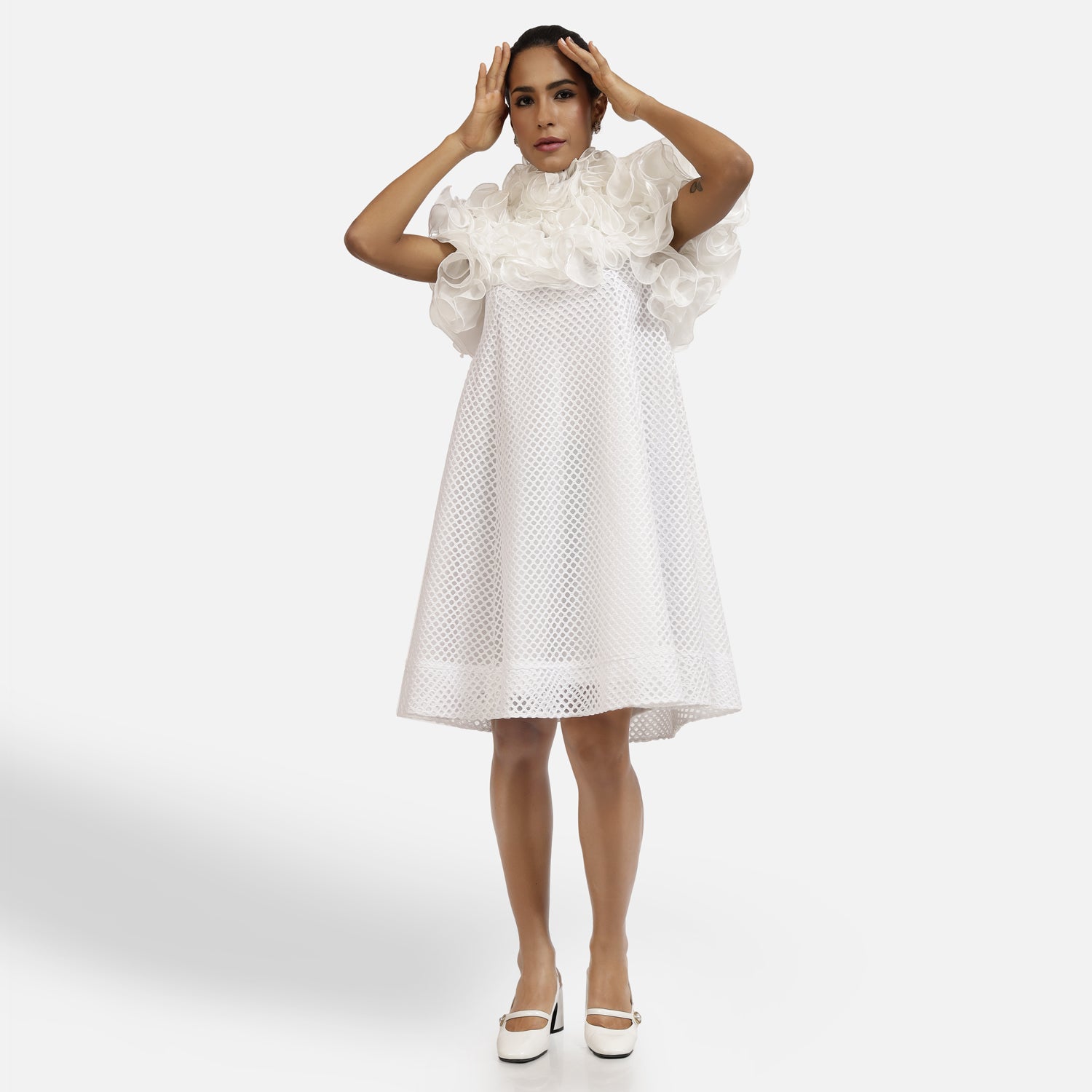White Mesh Net Frill Neck Dress