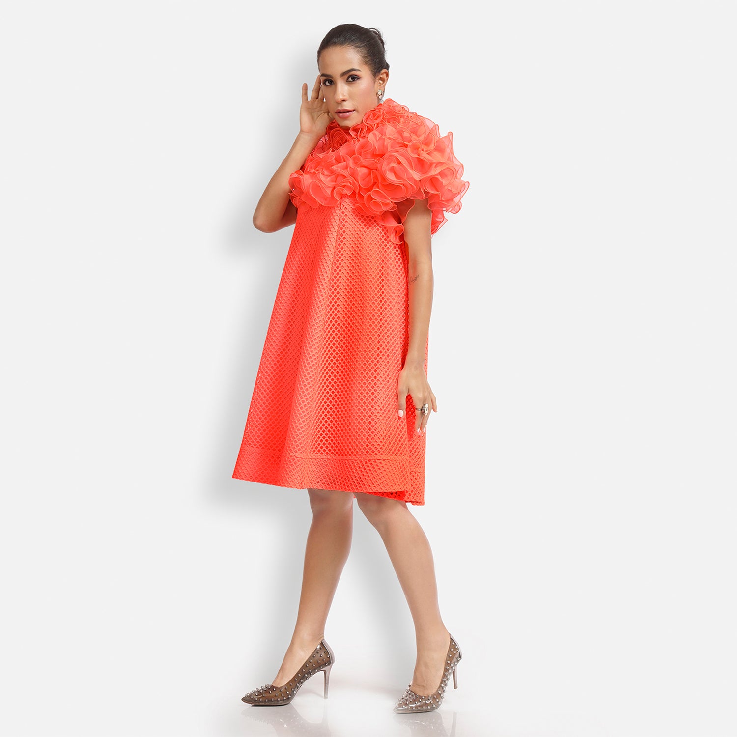 Neon Mesh Net Frill Neck Dress