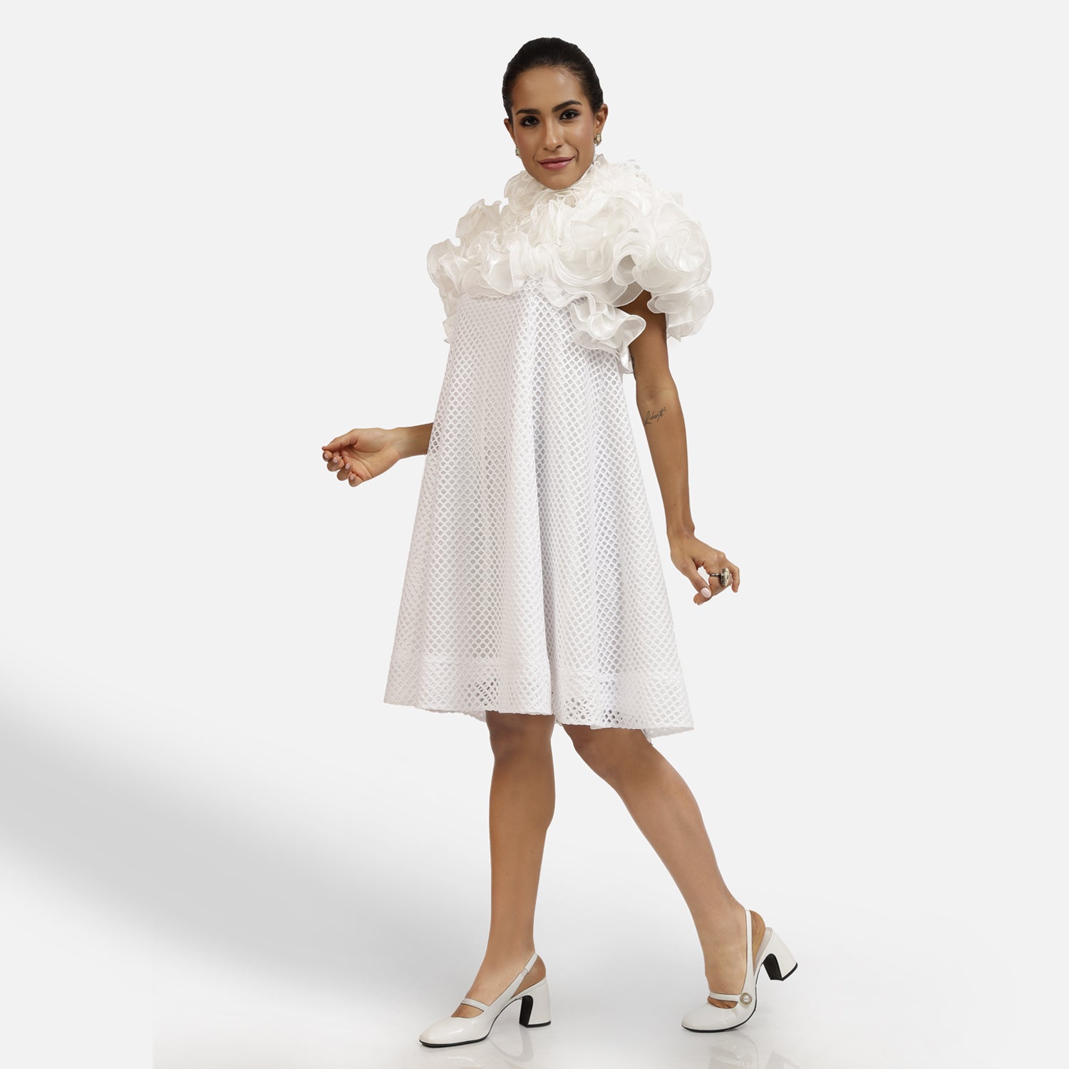 White Mesh Net Frill Neck Dress