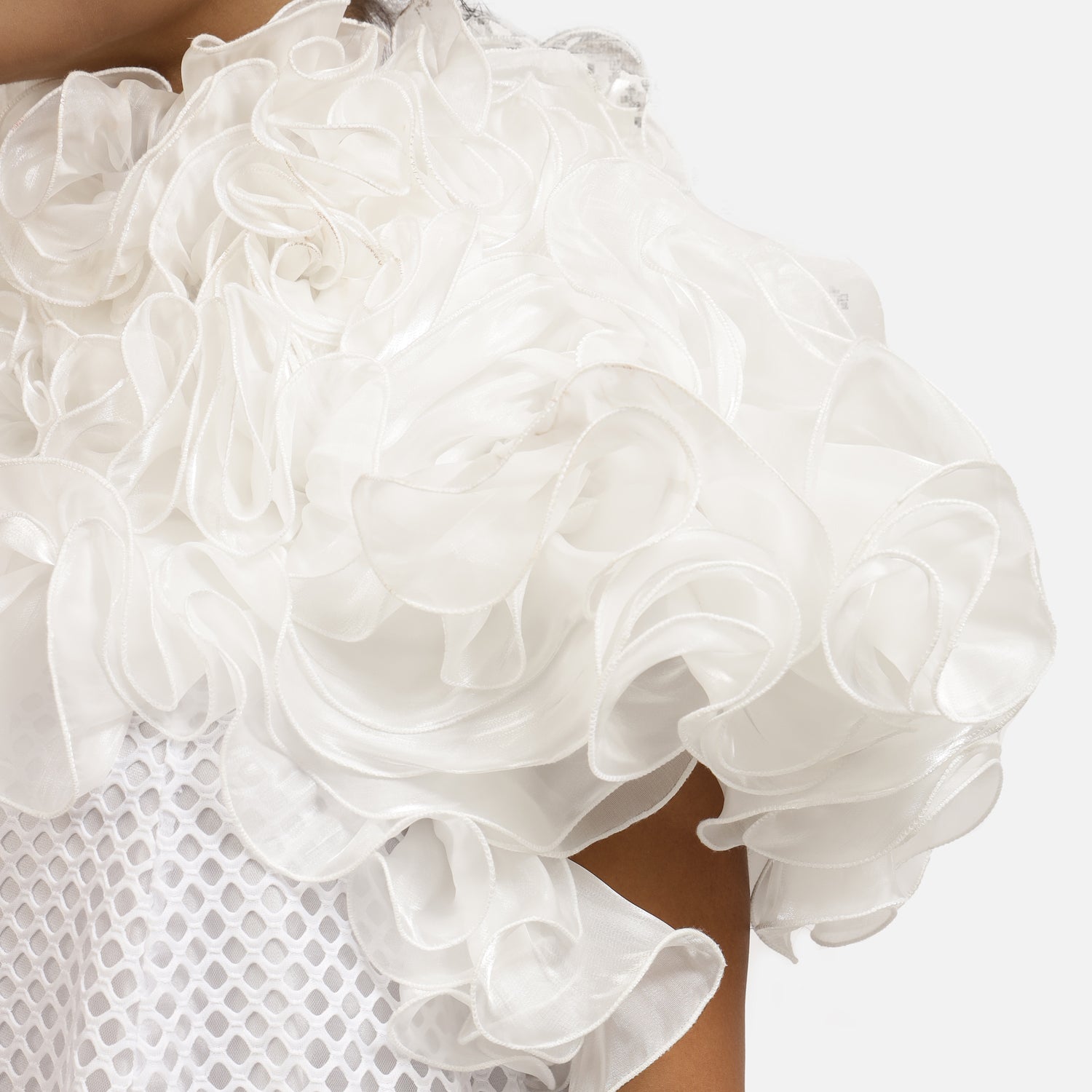 White Mesh Net Frill Neck Dress