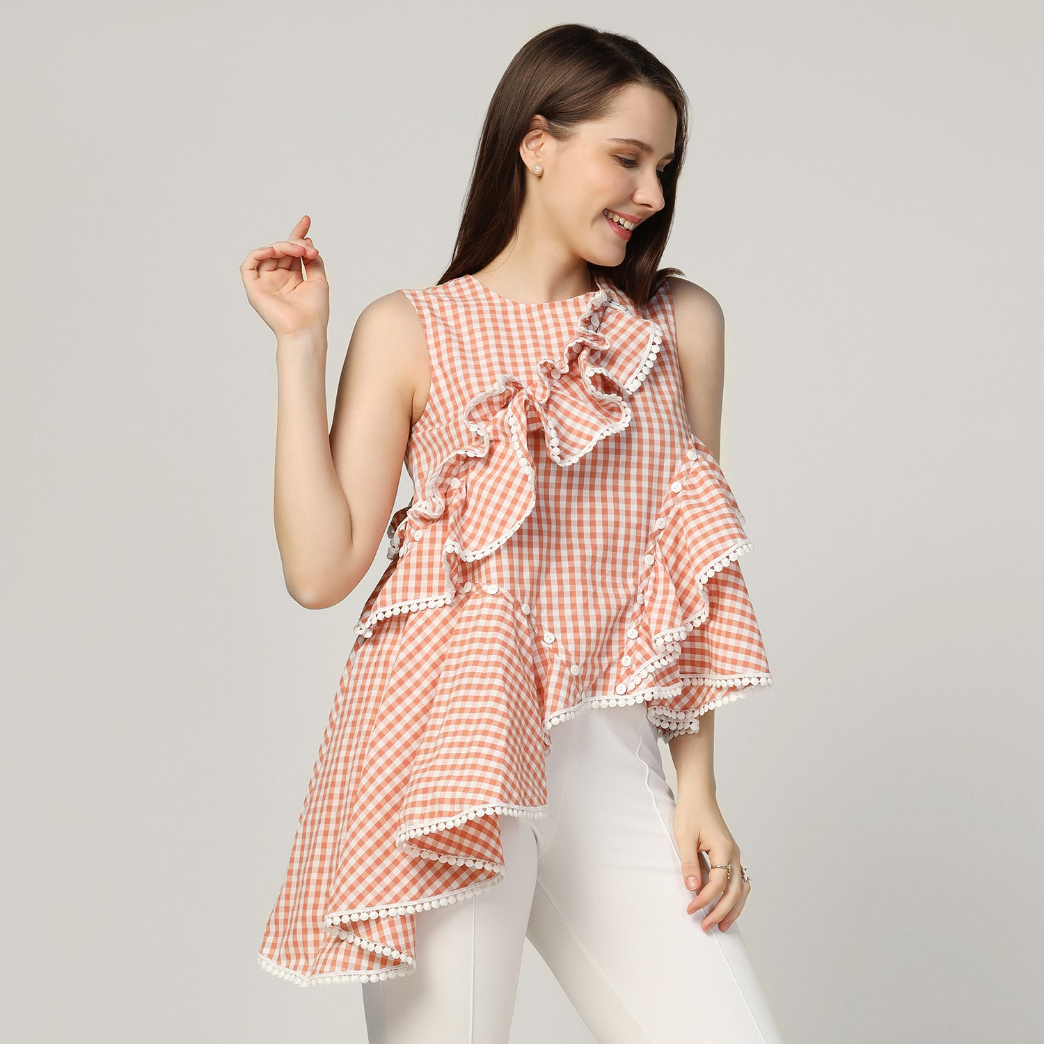 Peach Ruffle Asymmetrical Check Top