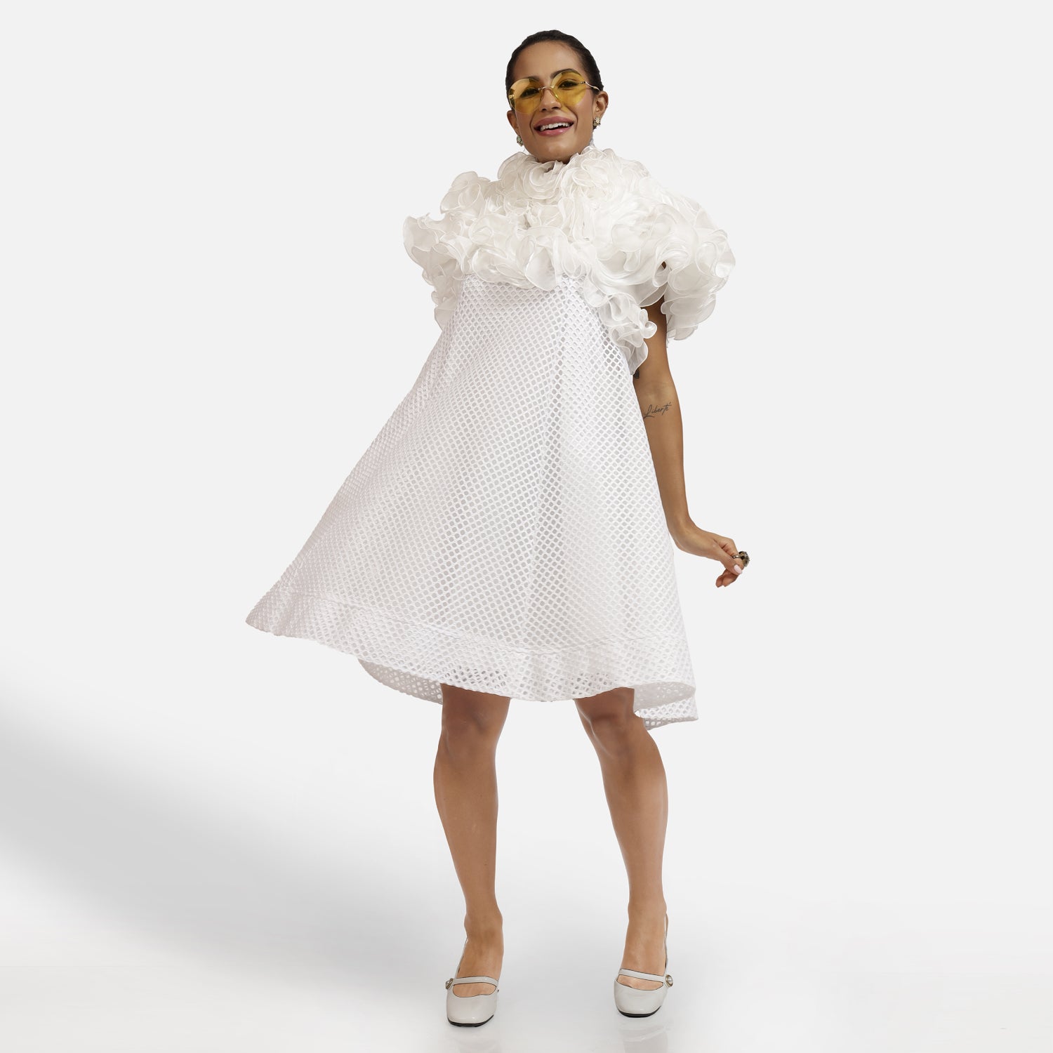White Mesh Net Frill Neck Dress