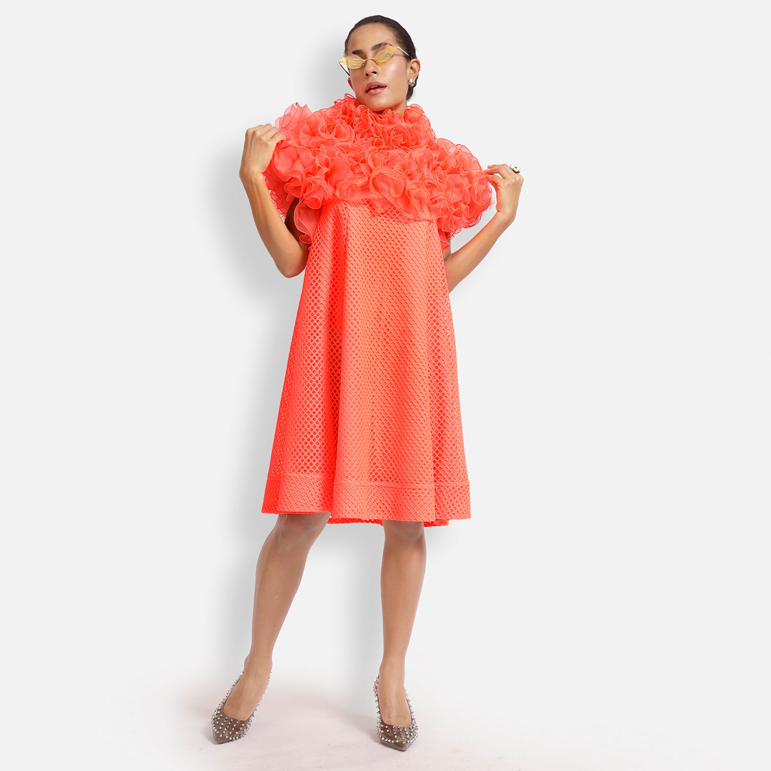 Neon Mesh Net Frill Neck Dress