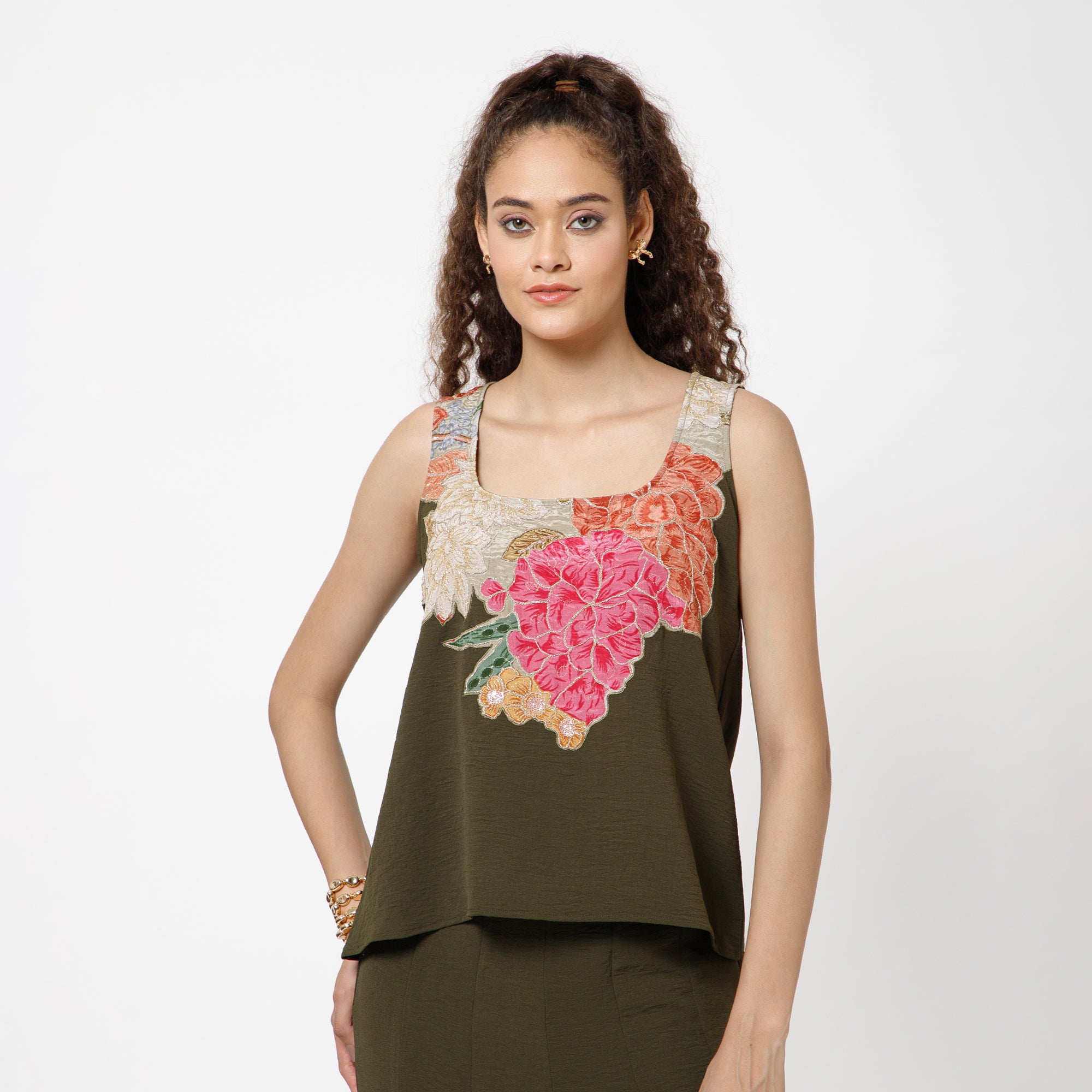 Prune Crepe Top With Patch Embroidery
