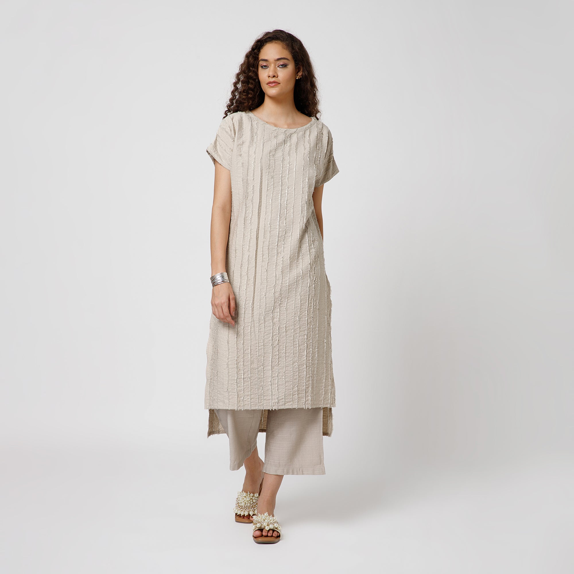 Beige Patch Textured Kurta