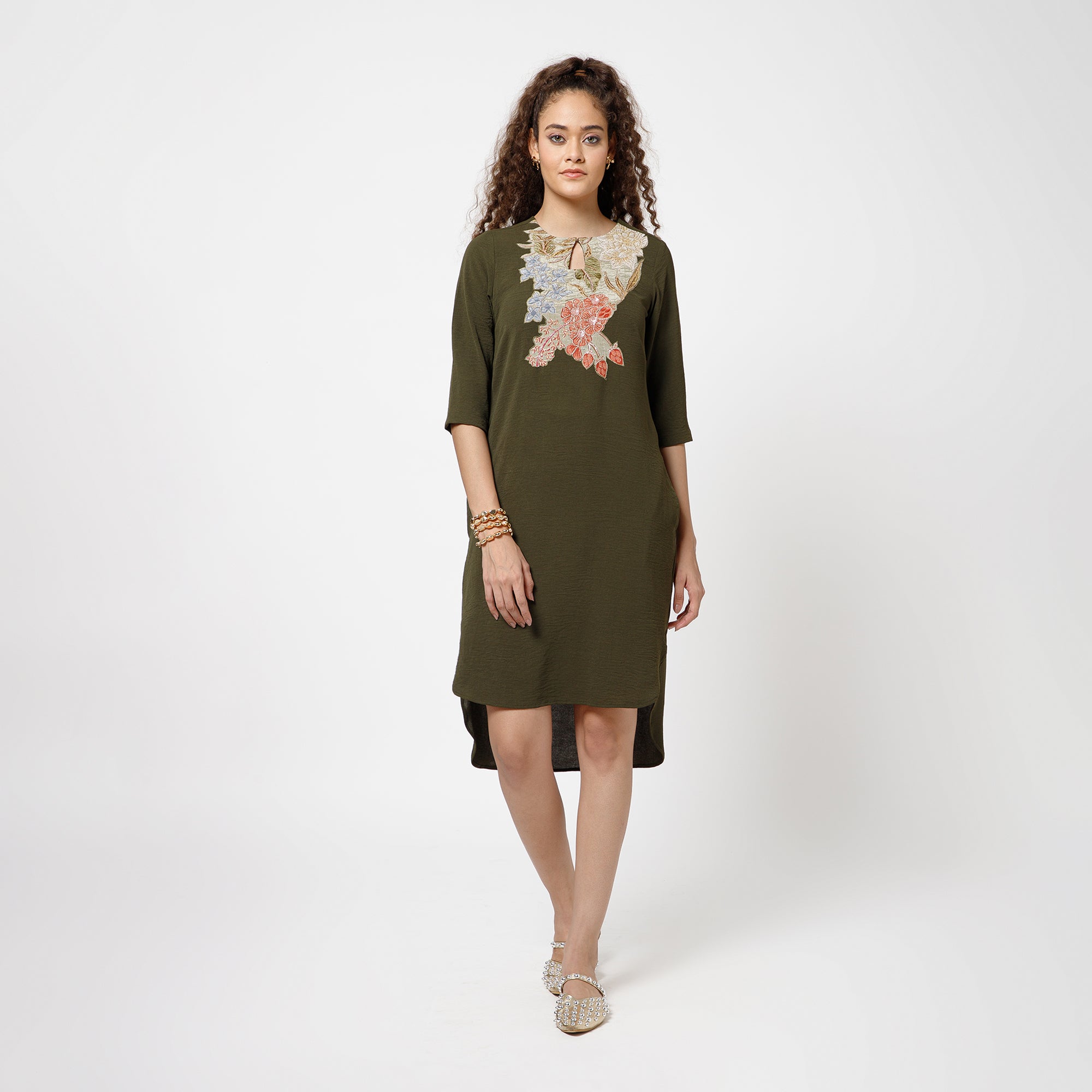 Green Crepe Dress With Patch Embroidery