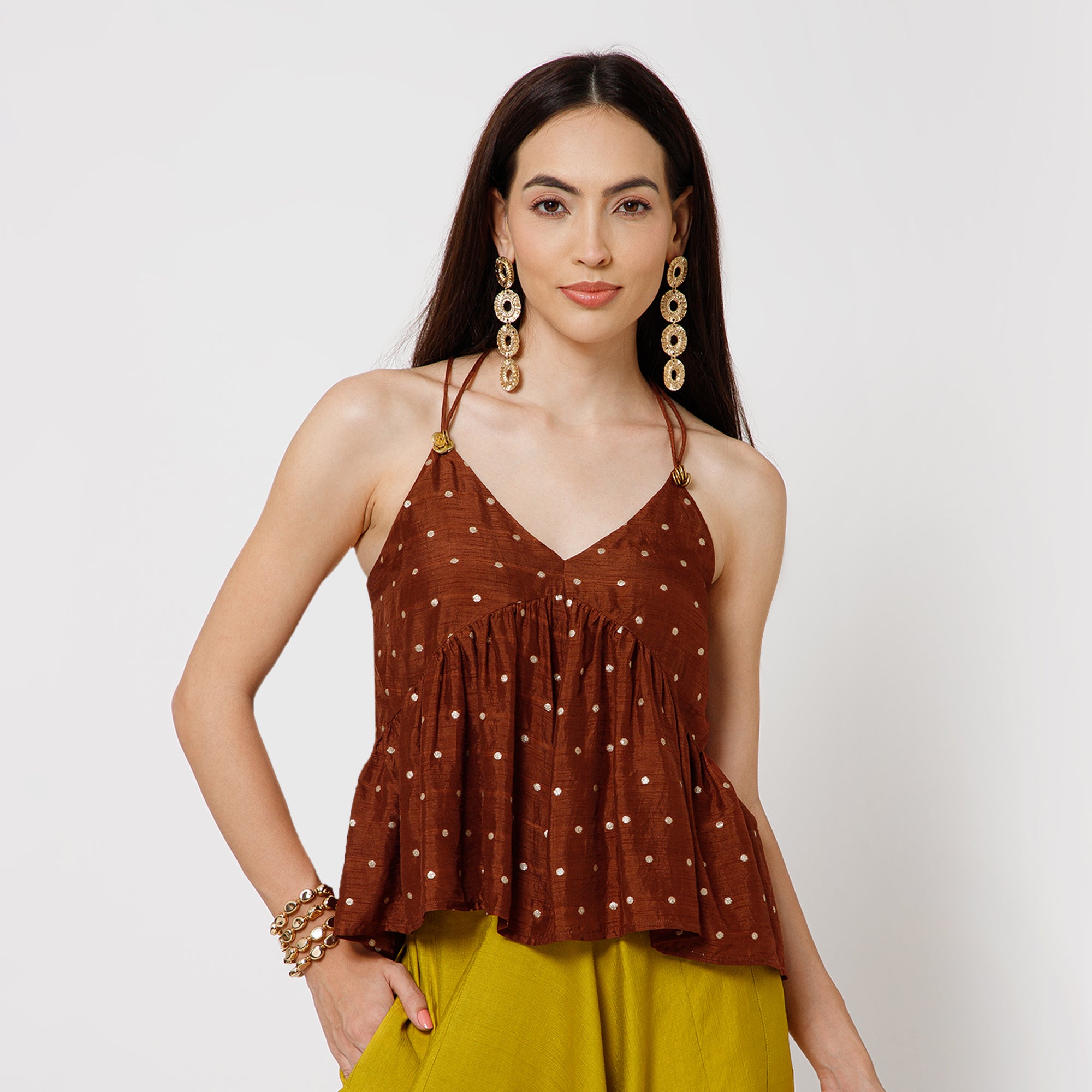 Brown Silk Brocade Spaghetti Top