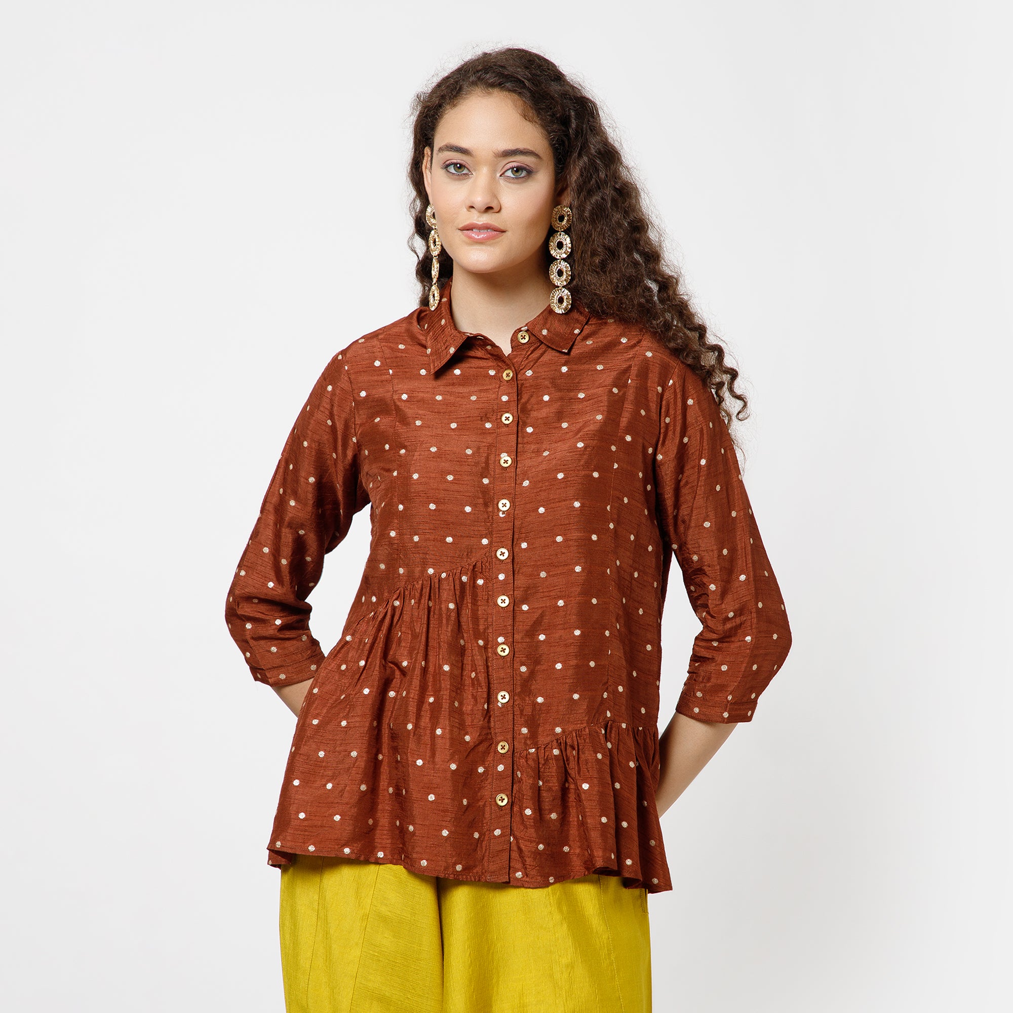 Brown Brocade Asymmetrical Peplum Top