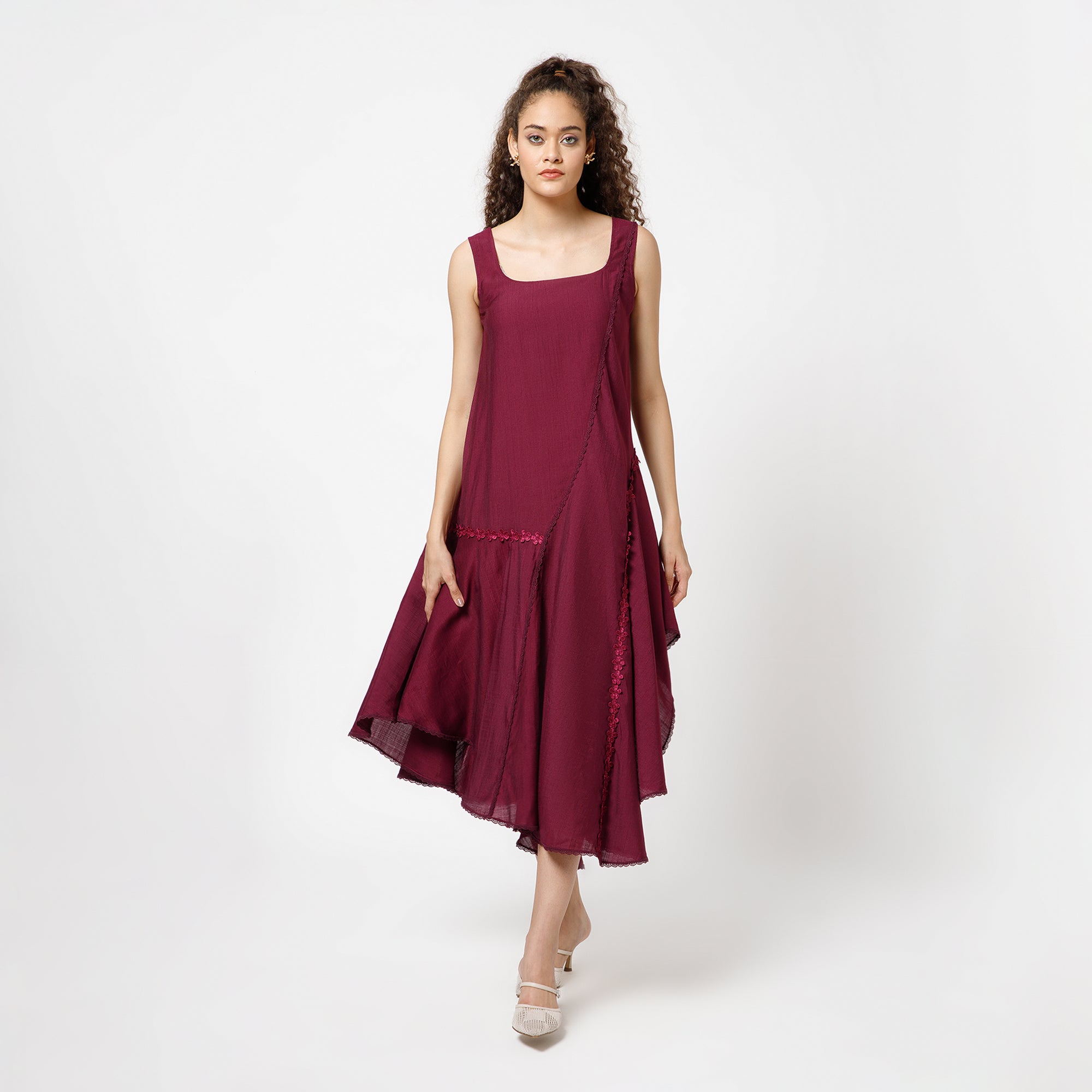 Prune Square Neck Dress With Lace