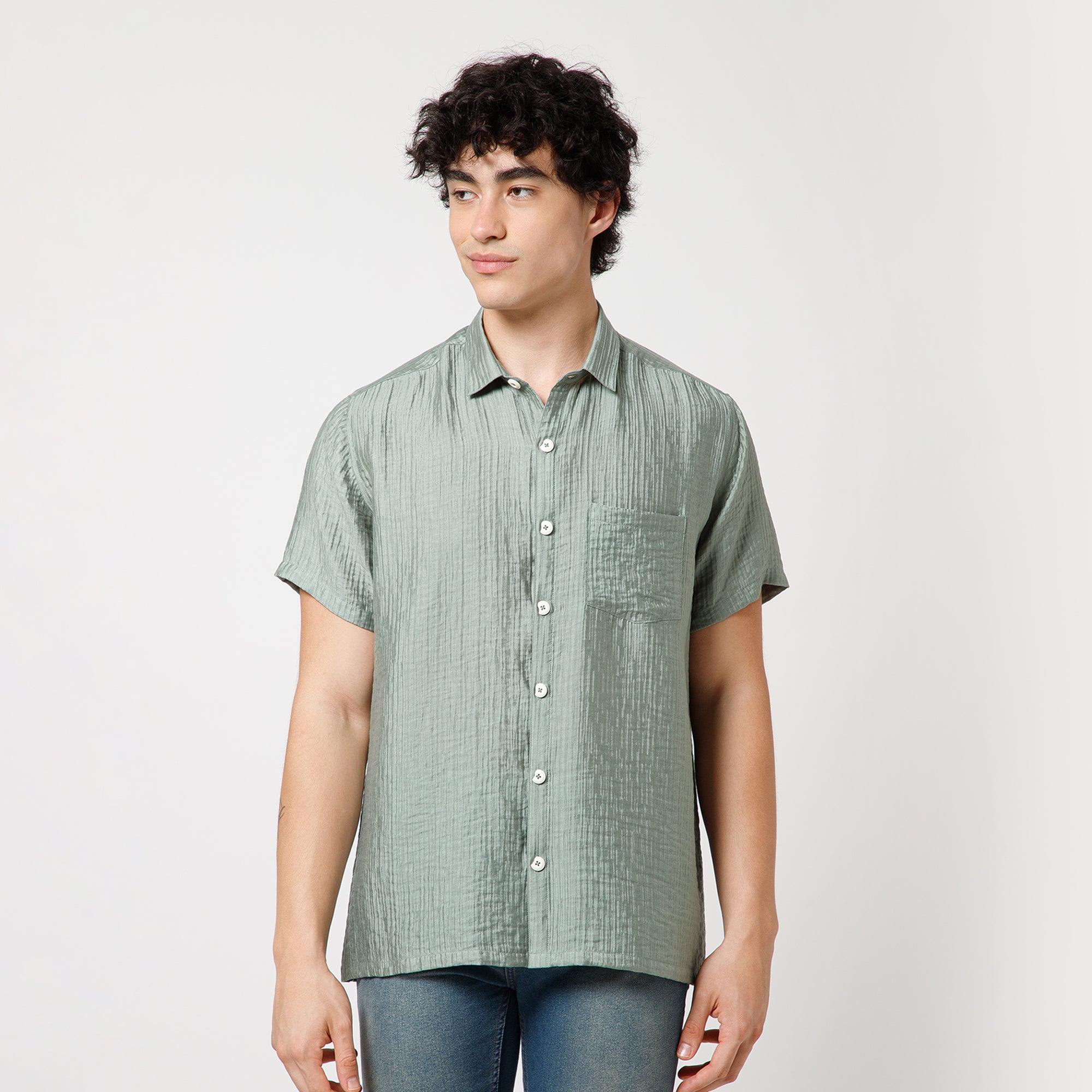 Green Double Gauze Half Sleeves Shirt