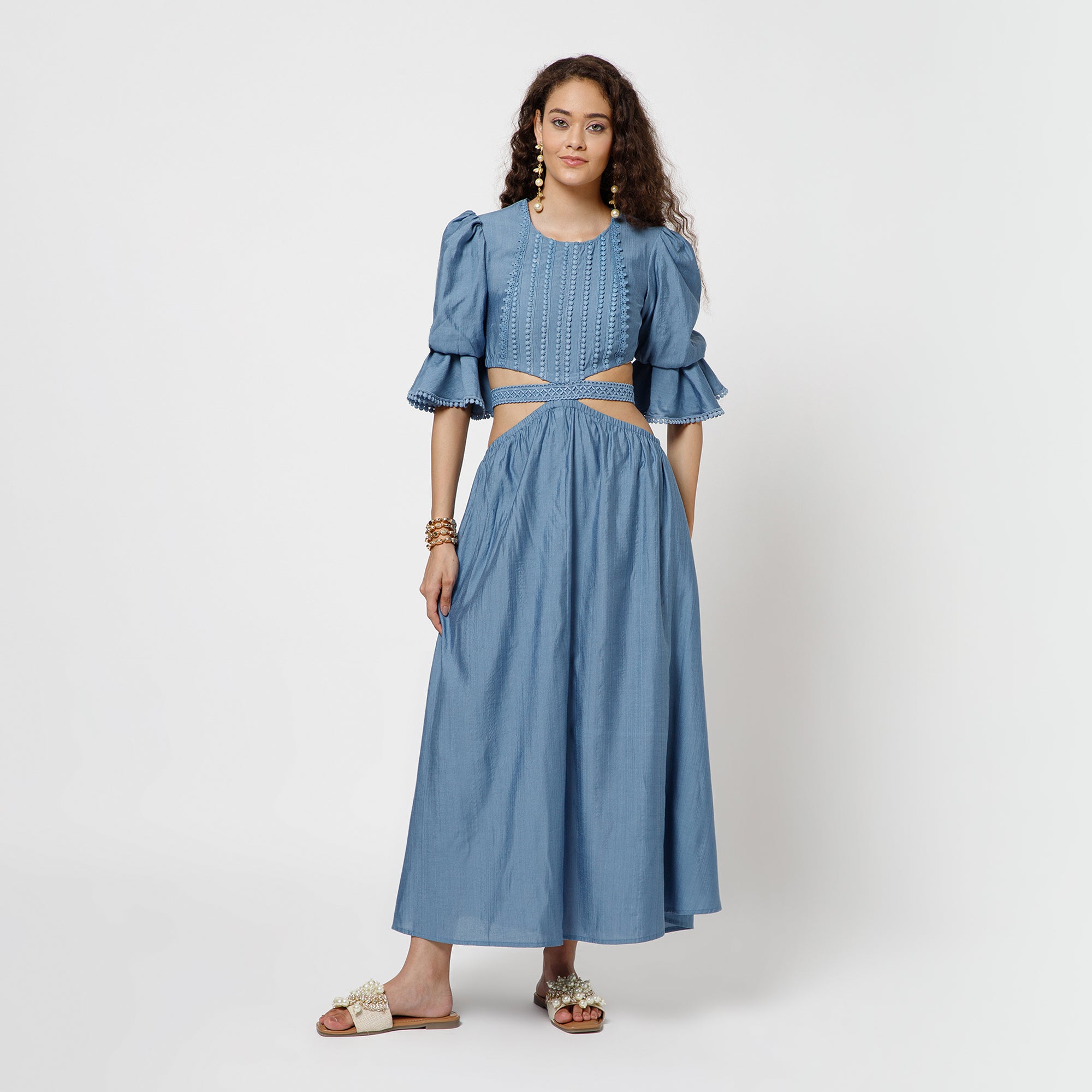 Blue Dress With Lace Yoke & Tie Belt