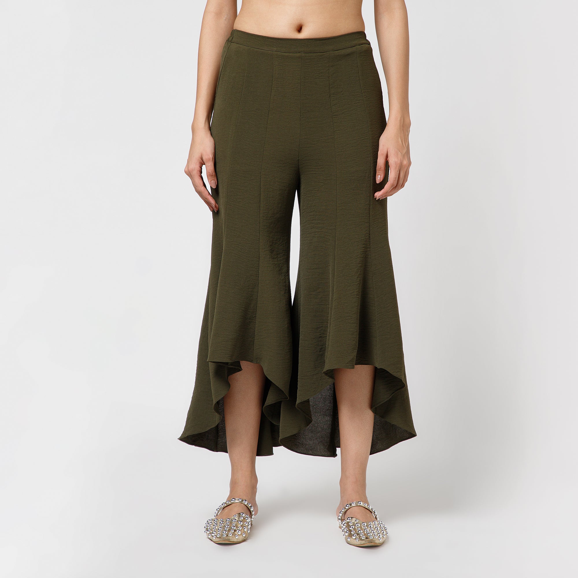 Green Crepe Asymmetrical Plazzo