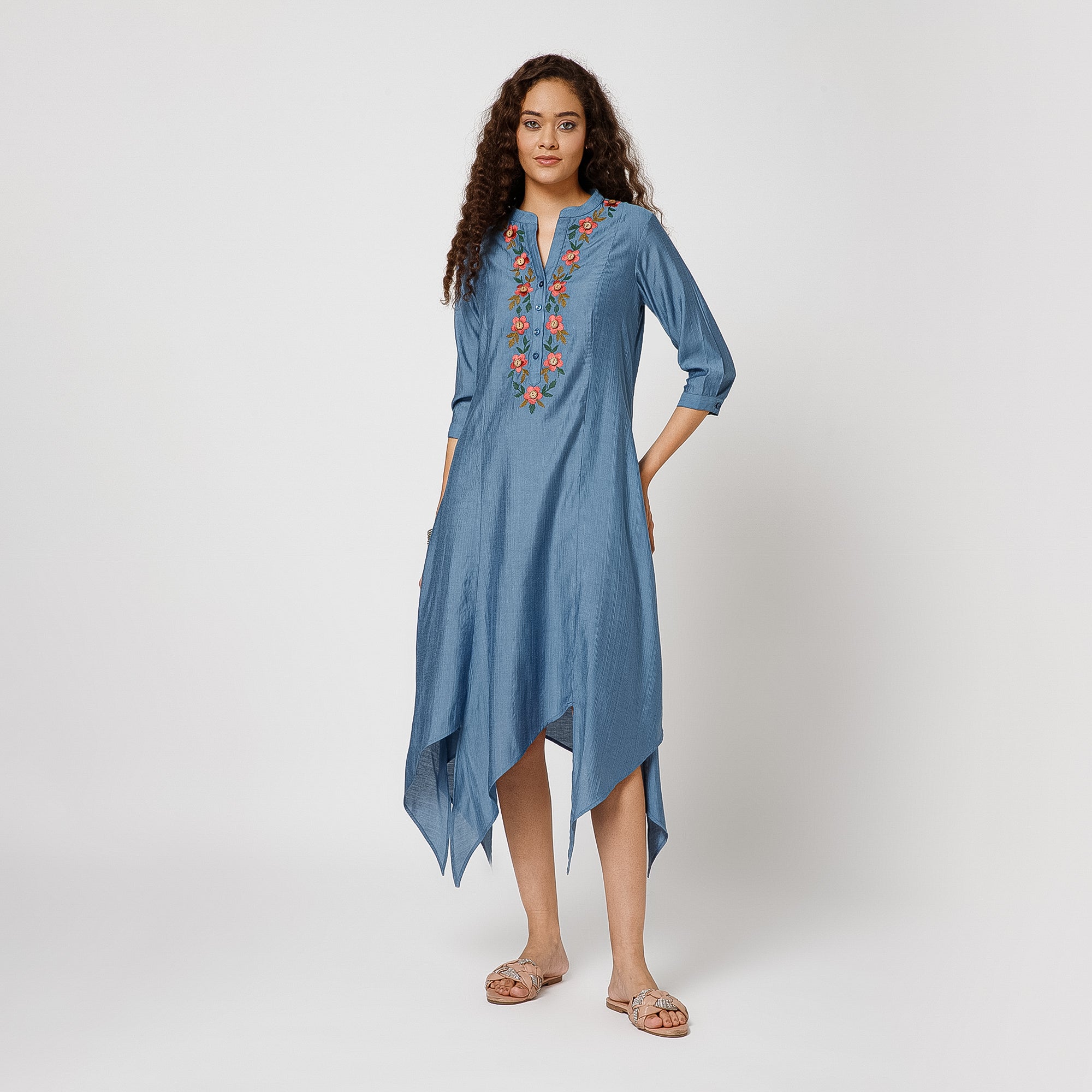 Blue Triangle Dress With Button Embroidery