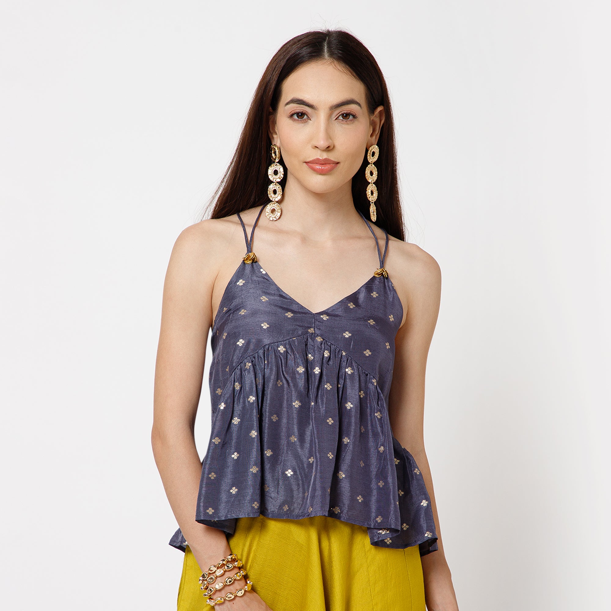 Blue Silk Brocade Spaghetti Top