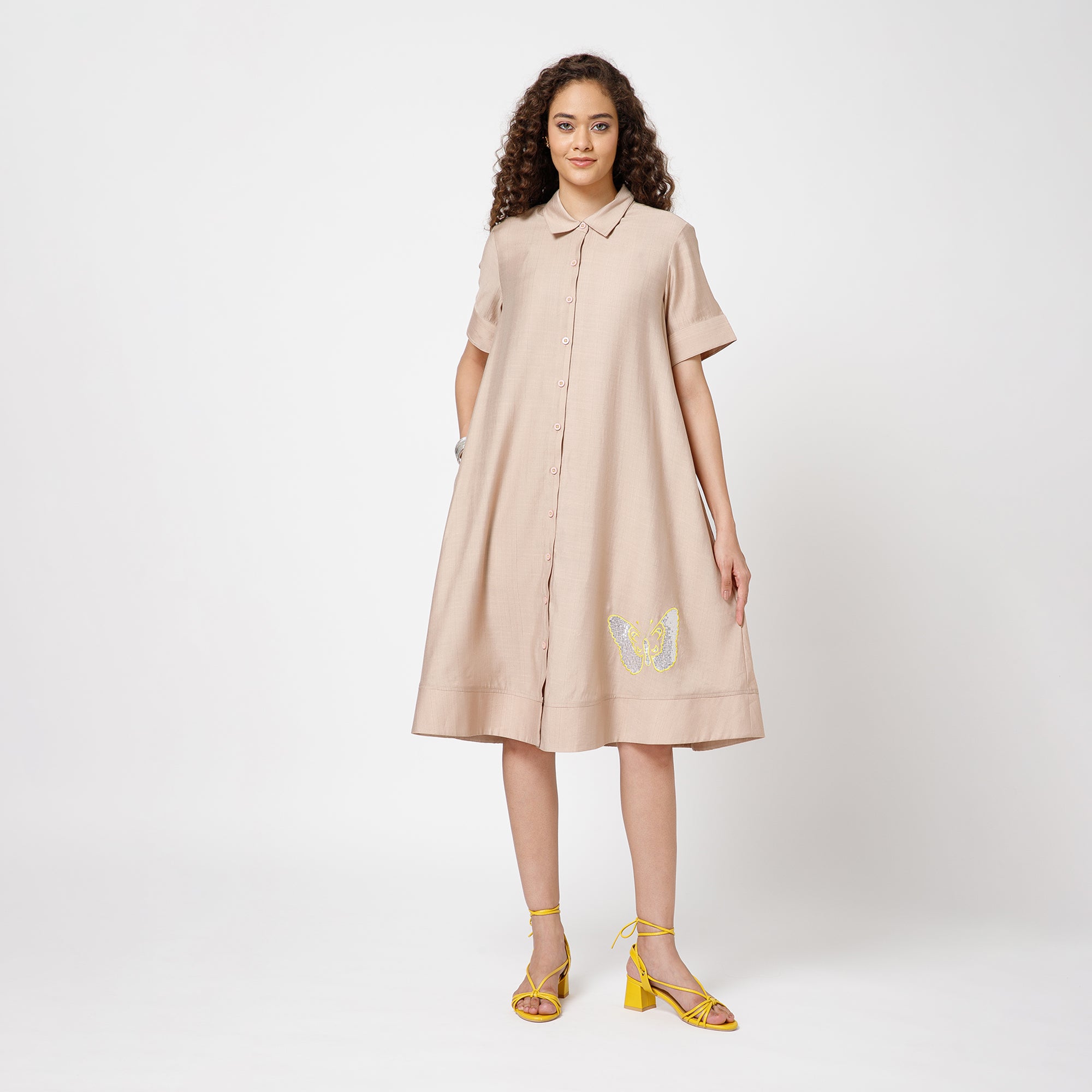 Beige Dress With Butterfly Embroidery