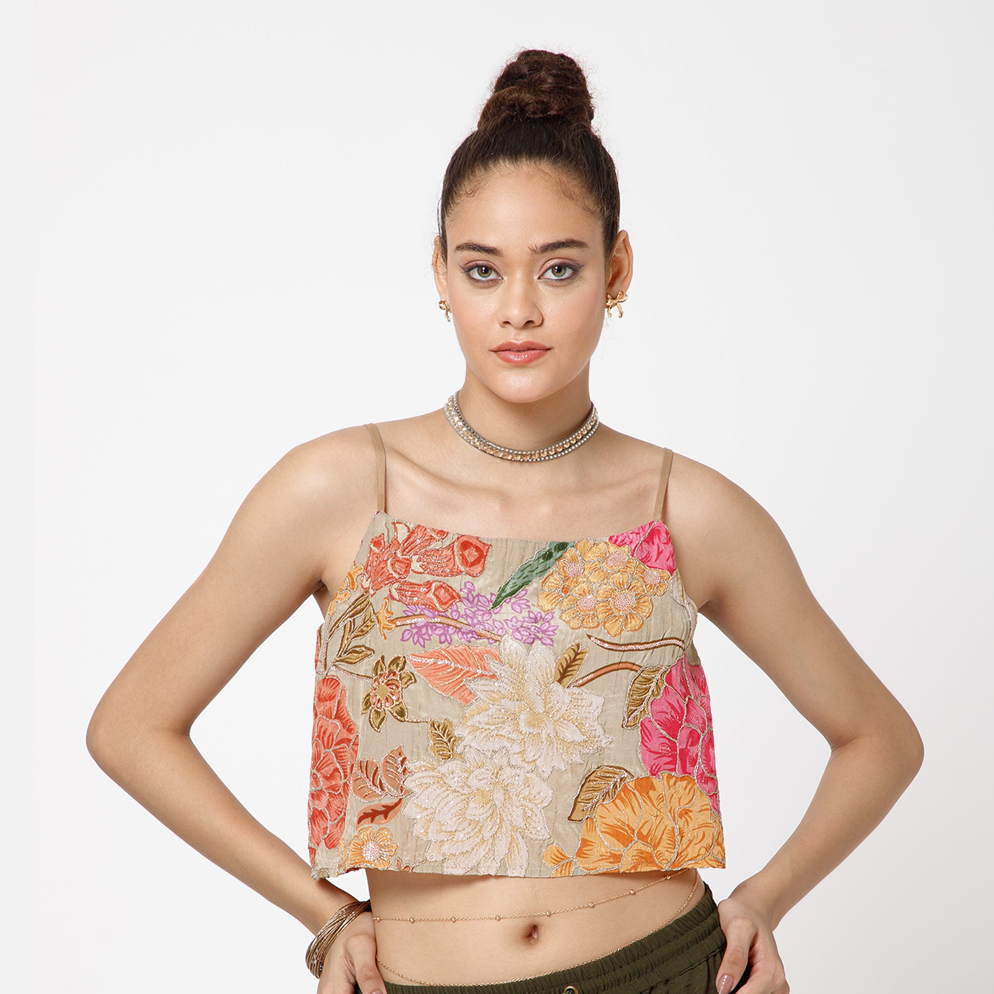 Beige Embroidery Crop Top