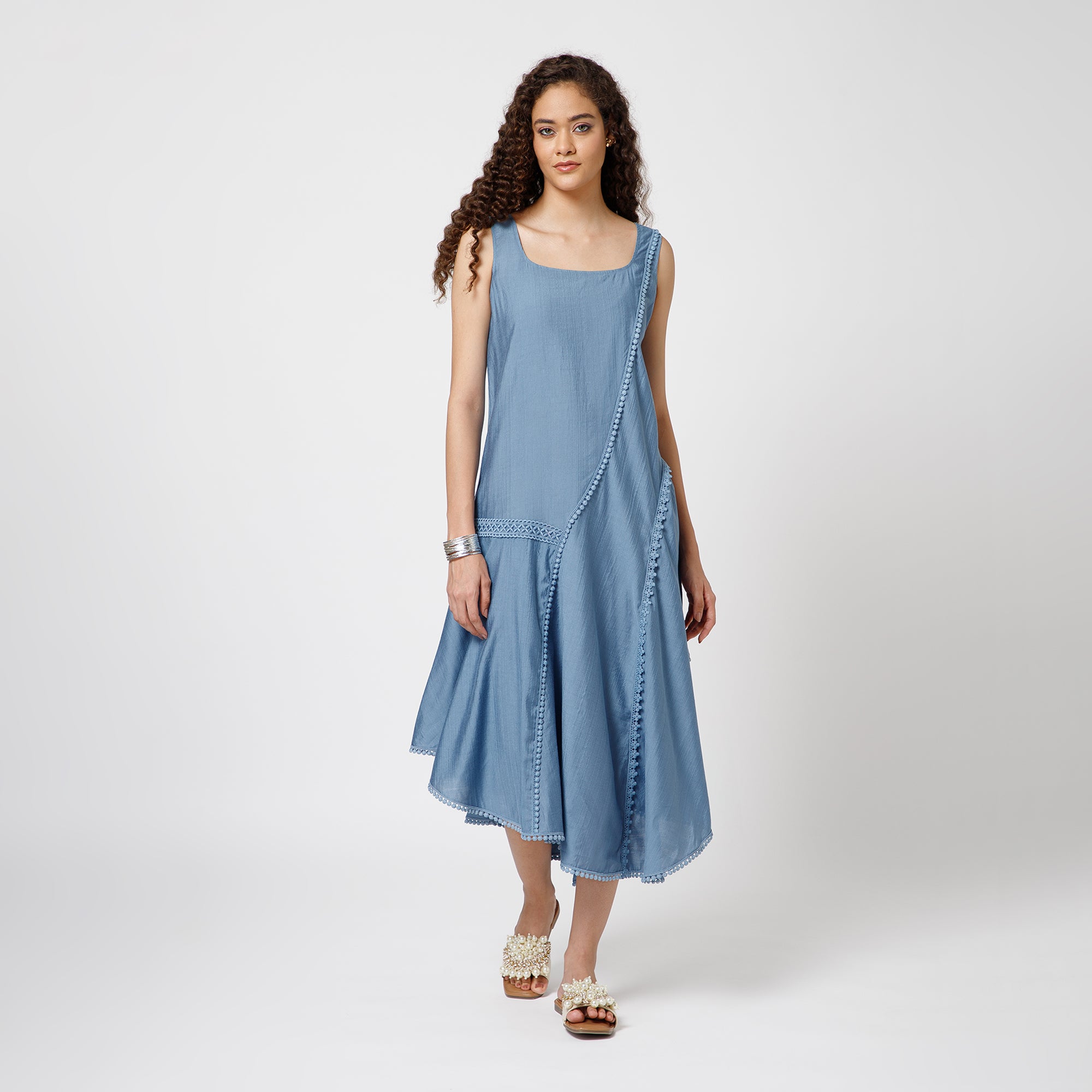 Blue Square Neck Dress With Lace