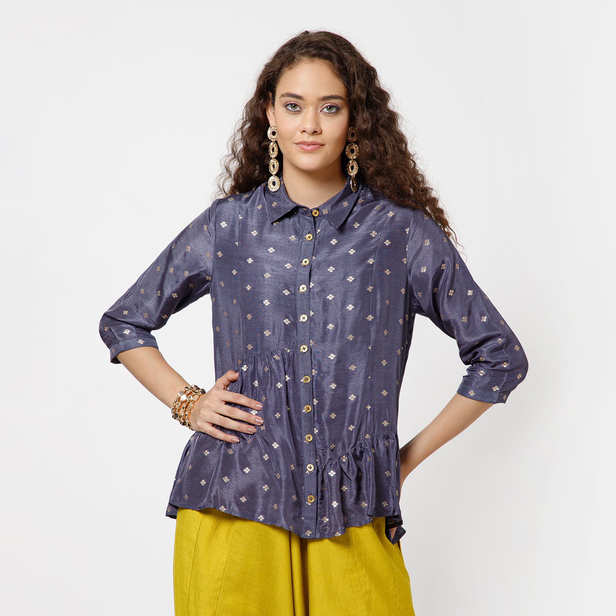 Blue Brocade Asymmetrical Peplum Top