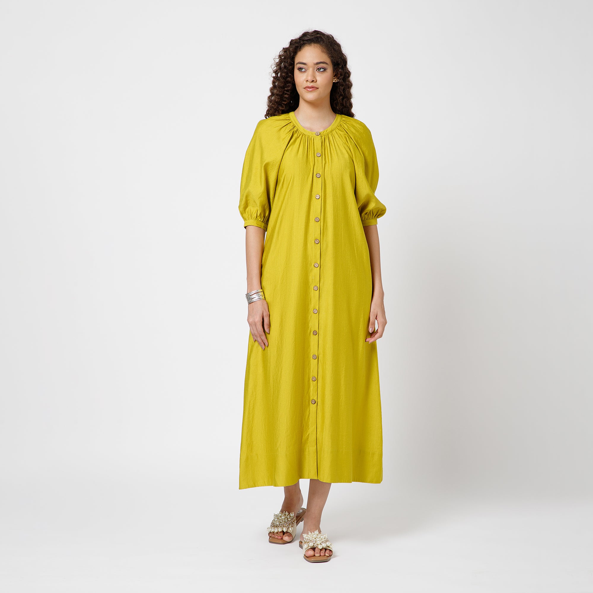 Olive Long Dress With Puff Sleeves
