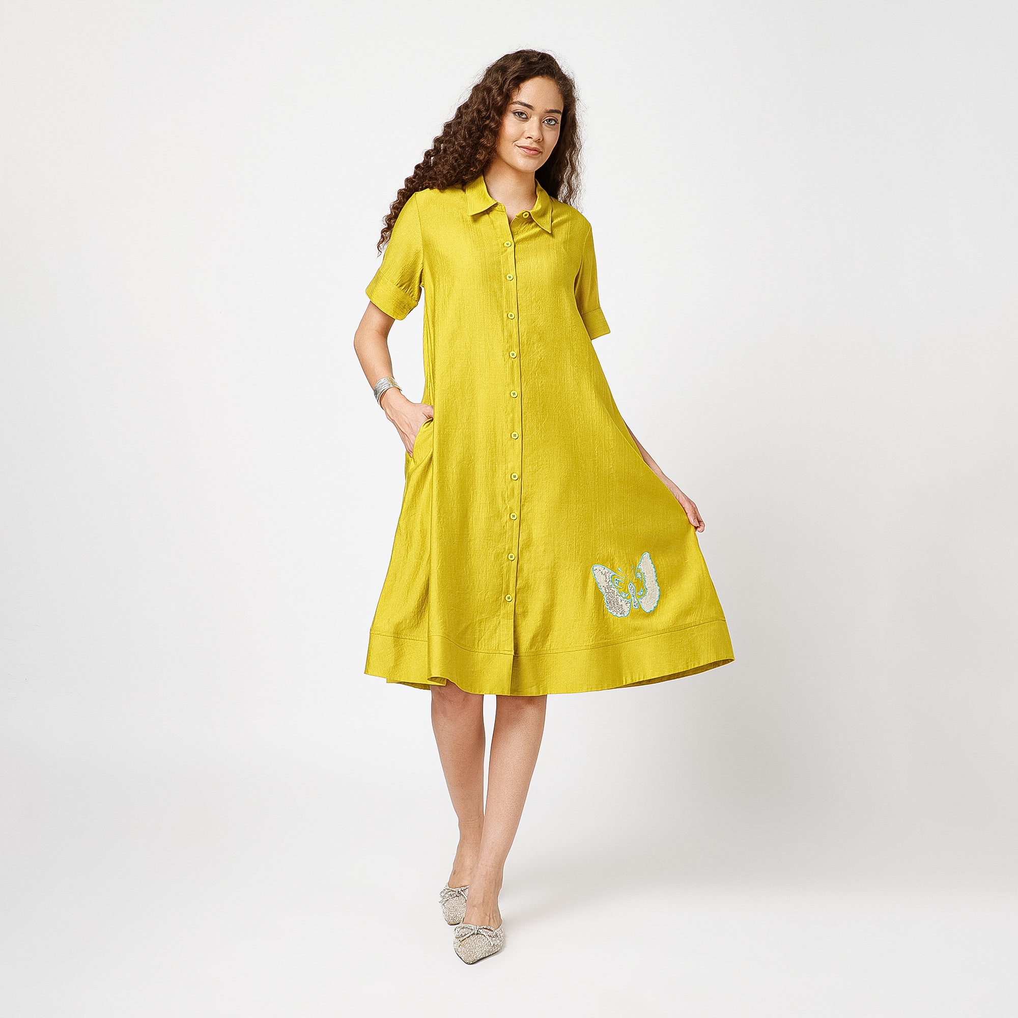 Olive Dress With Butterfly Embroidery