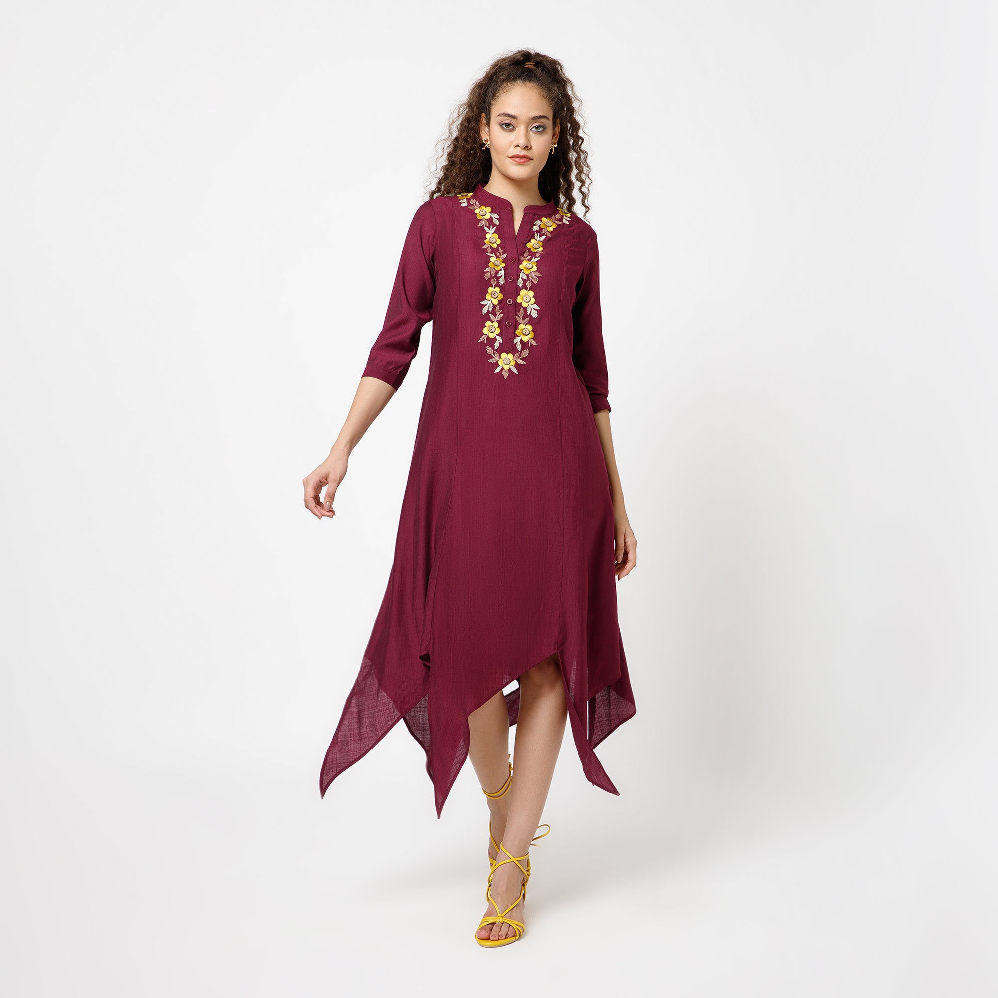 Prune Triangle Dress With Button Embroidery