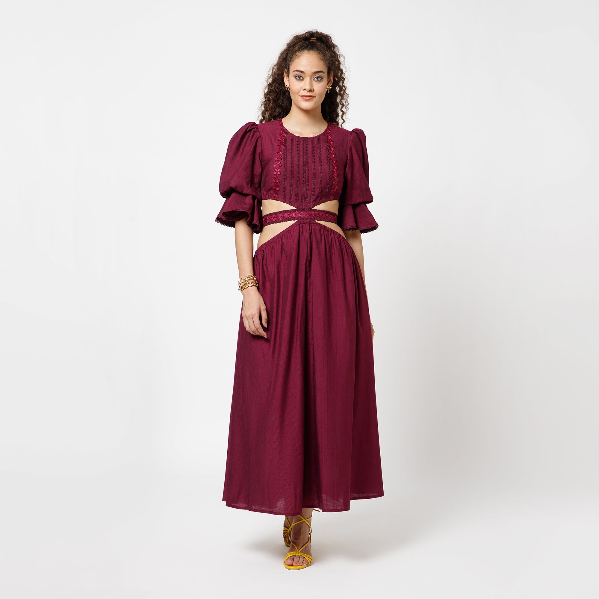 Prune Dress With Lace Yoke & Tie Belt