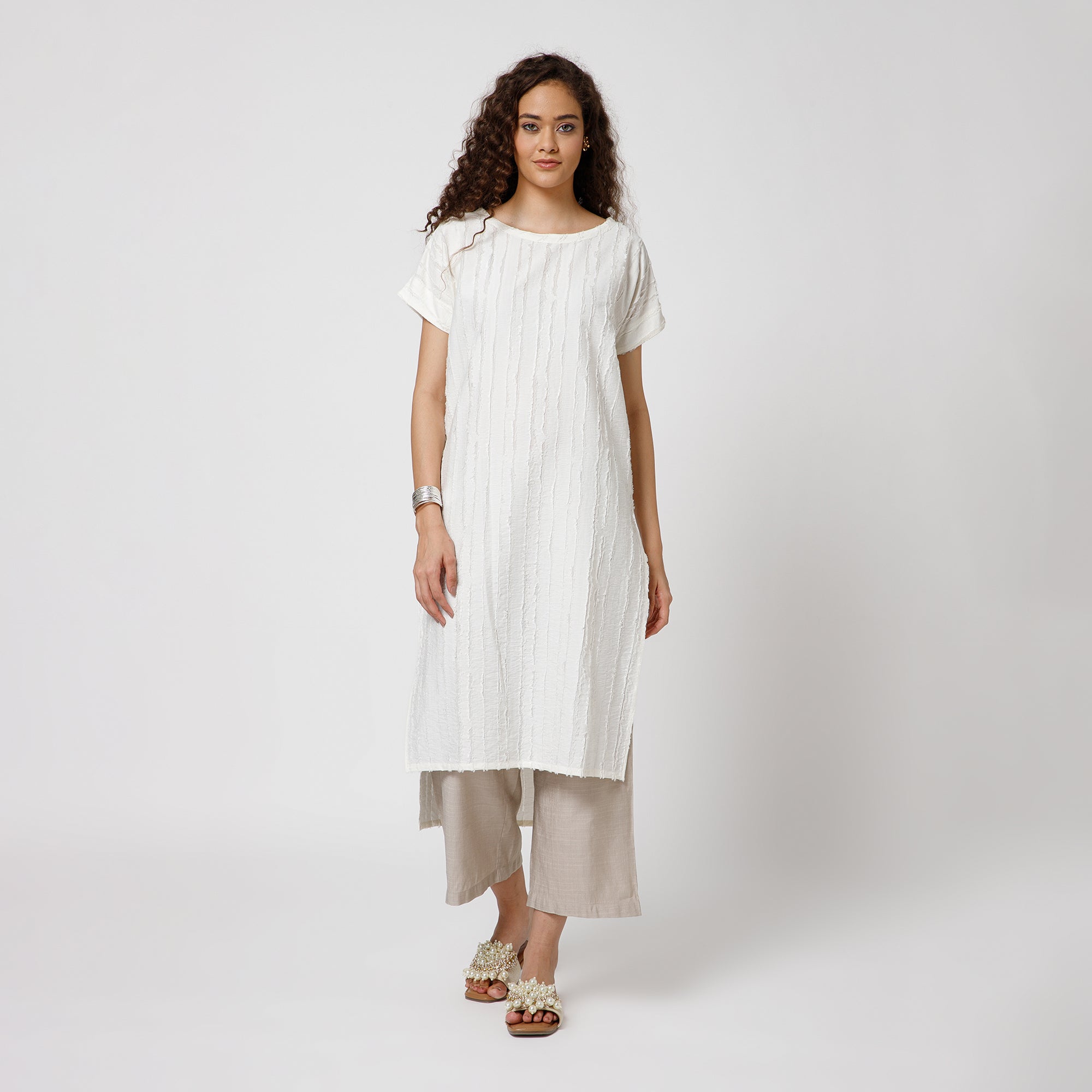 Off White Patch Textured Kurta