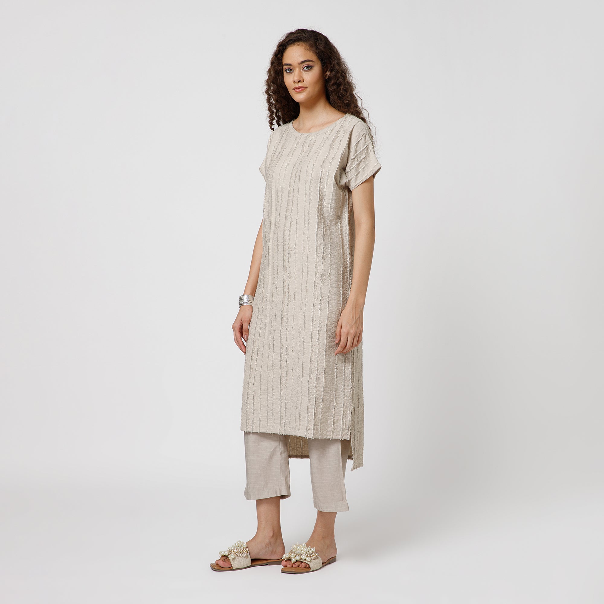 Beige Patch Textured Kurta