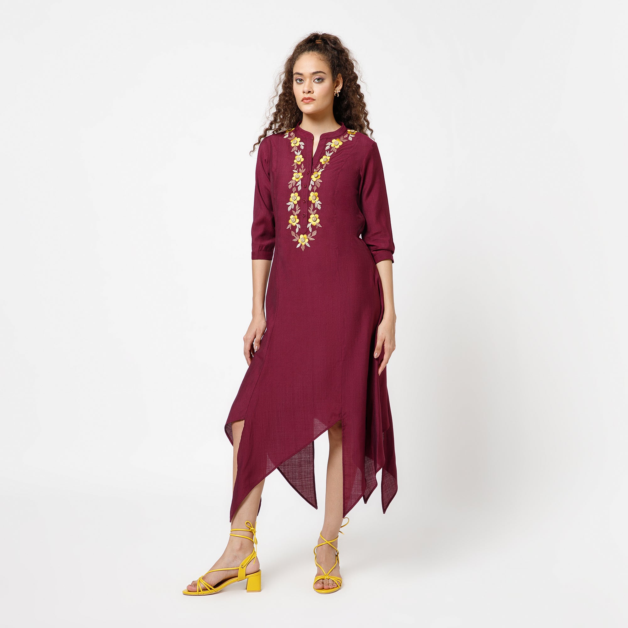 Prune Triangle Dress With Button Embroidery