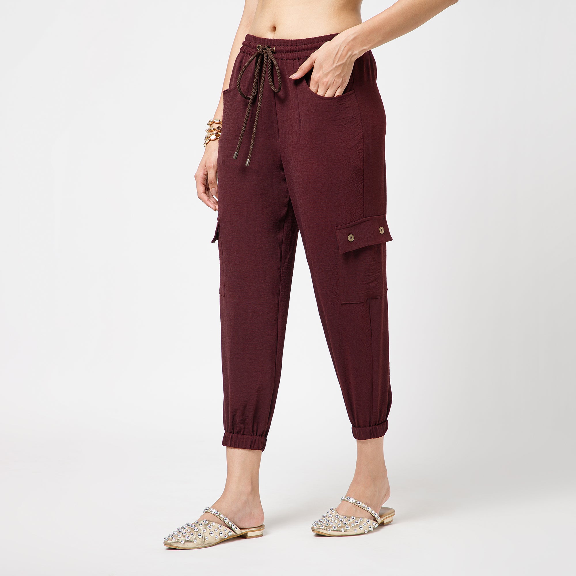 Prune Crepe Pant With Bottom Elastic