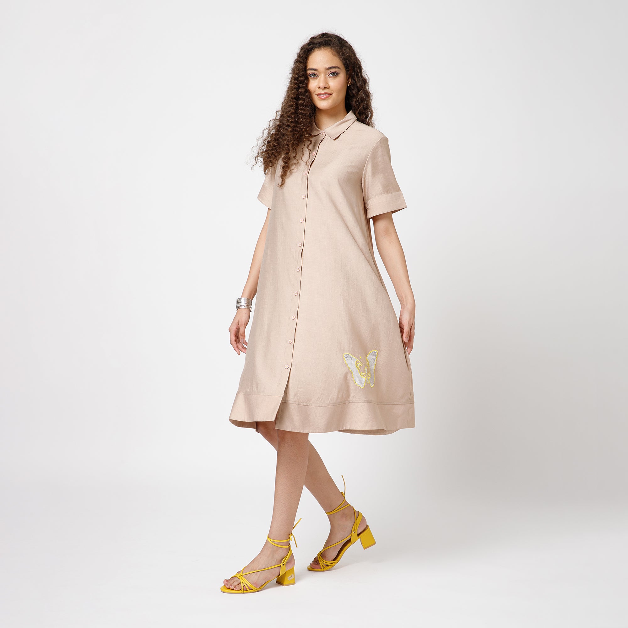 Beige Dress With Butterfly Embroidery