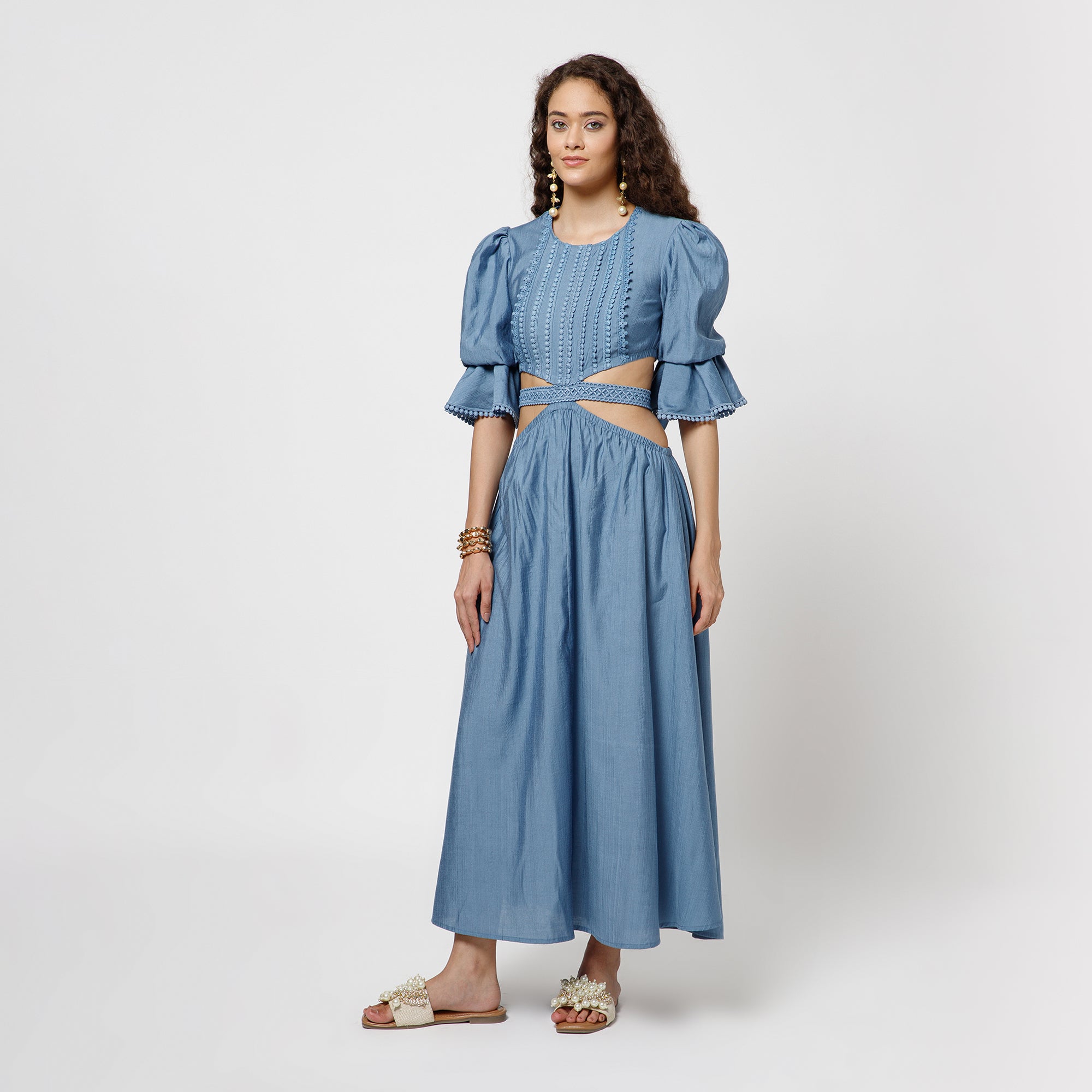 Blue Dress With Lace Yoke & Tie Belt