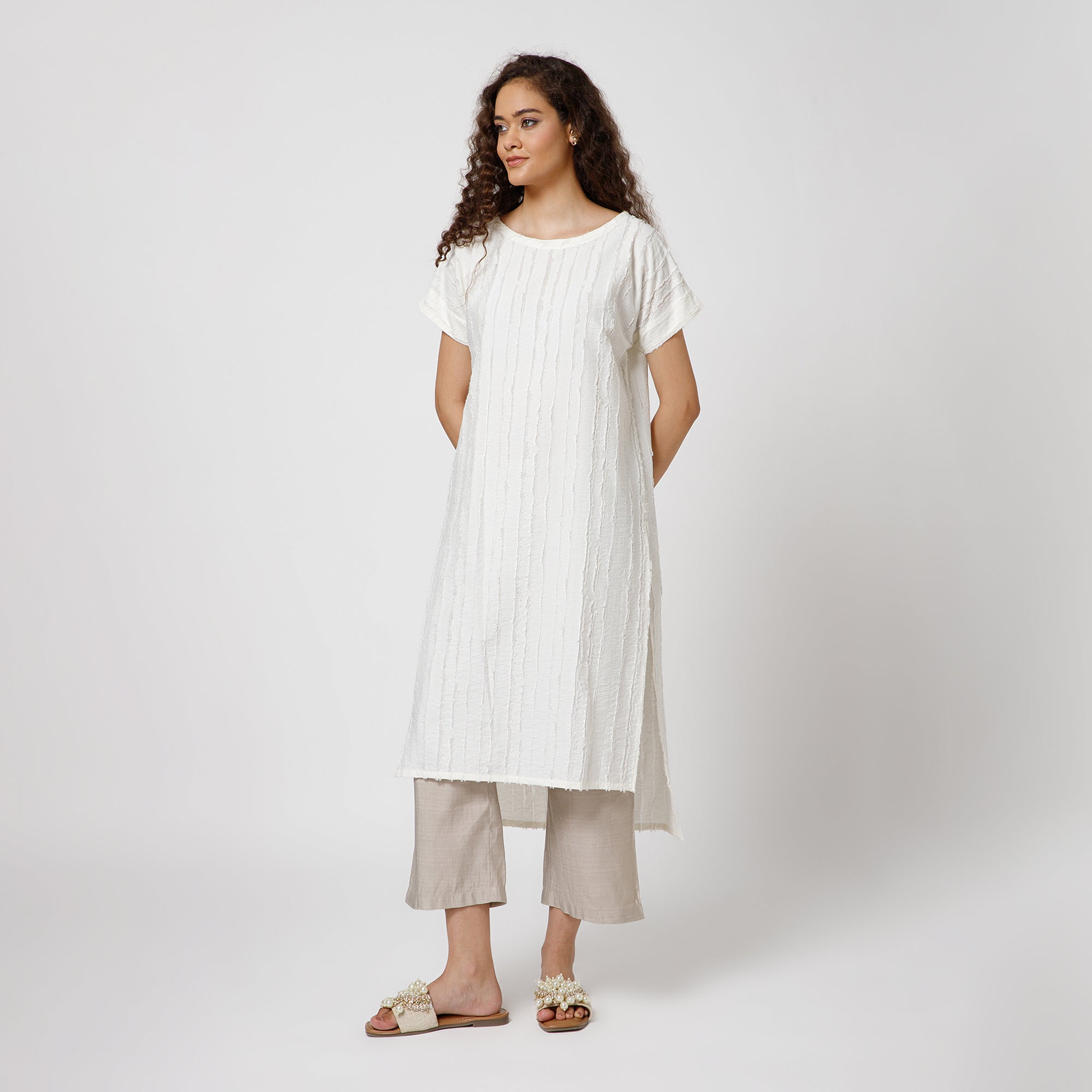 Off White Patch Textured Kurta