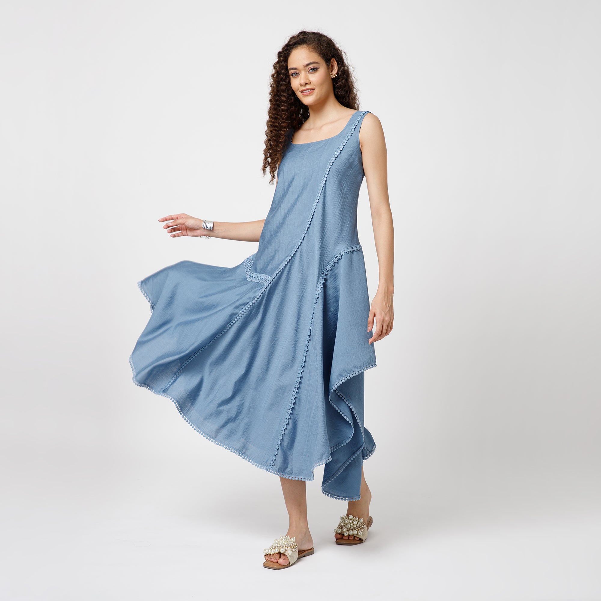 Blue Square Neck Dress With Lace
