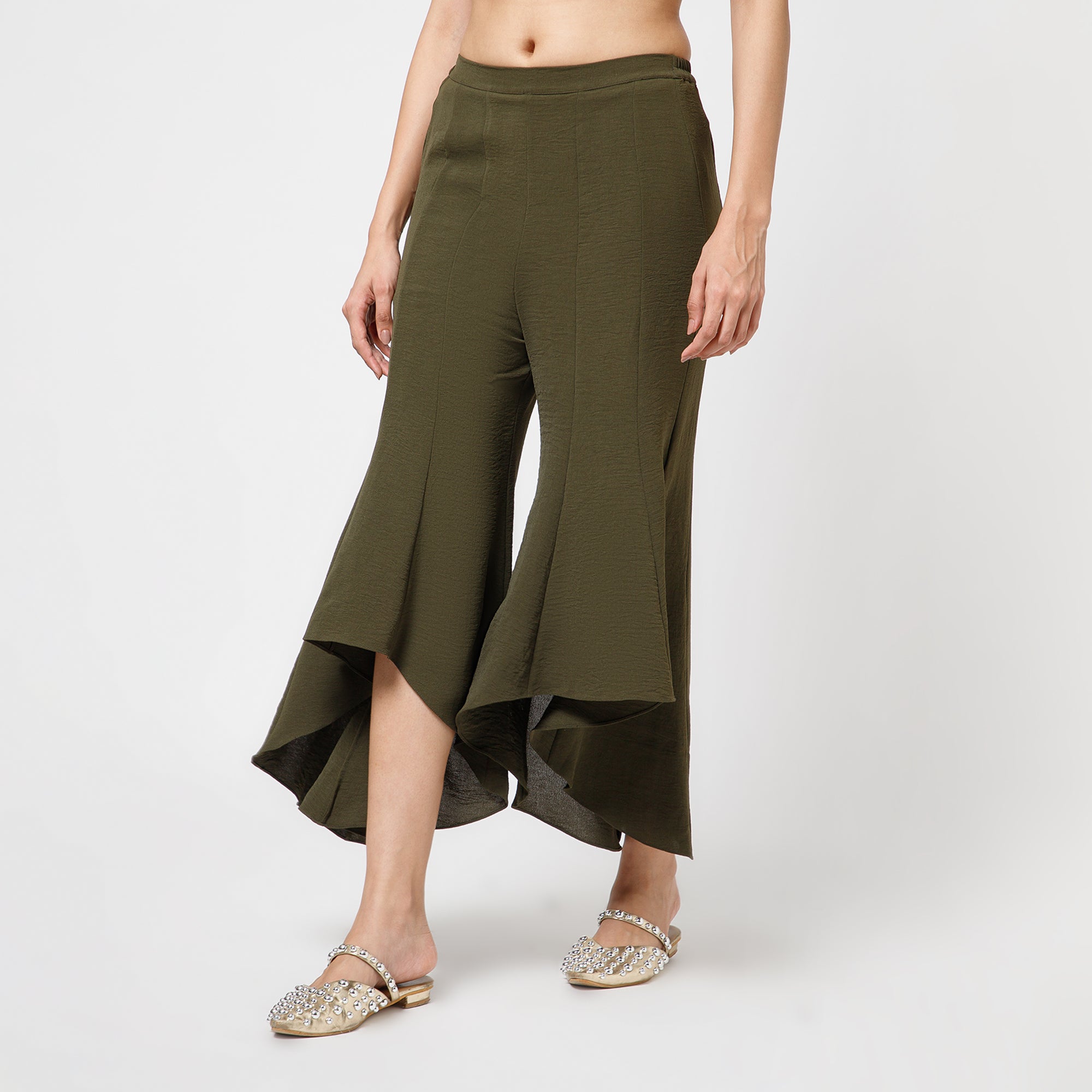 Green Crepe Asymmetrical Plazzo