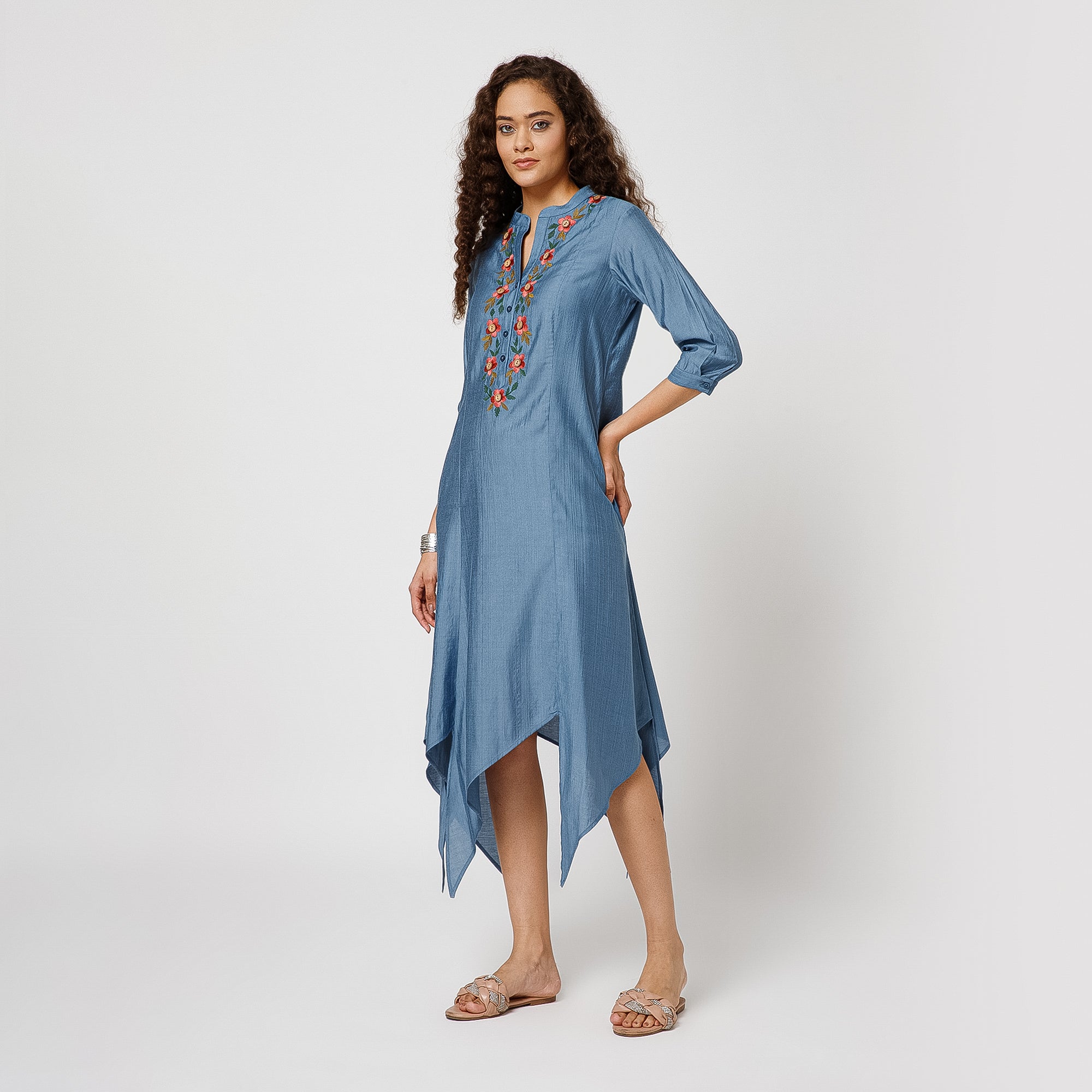 Blue Triangle Dress With Button Embroidery