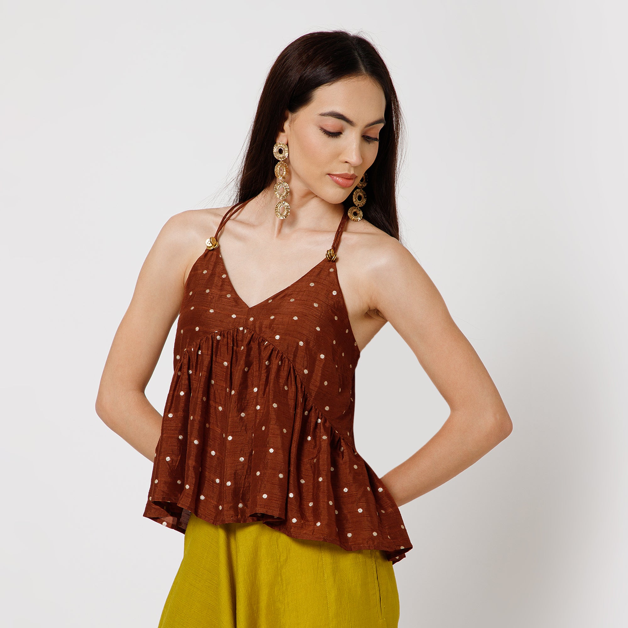 Brown Silk Brocade Spaghetti Top
