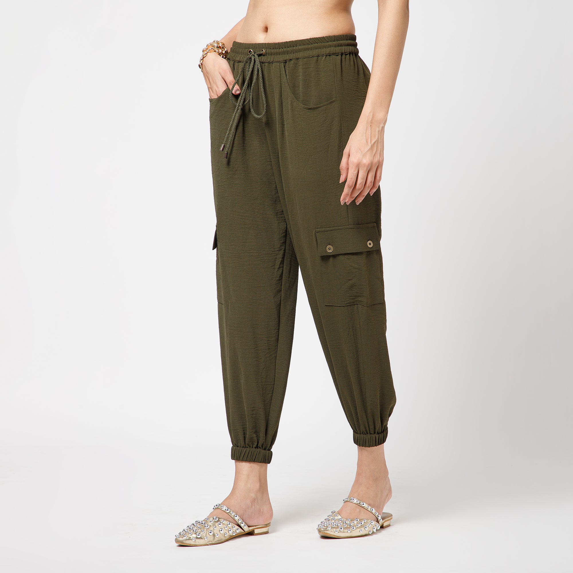 Green Crepe Pant With Bottom Elastic