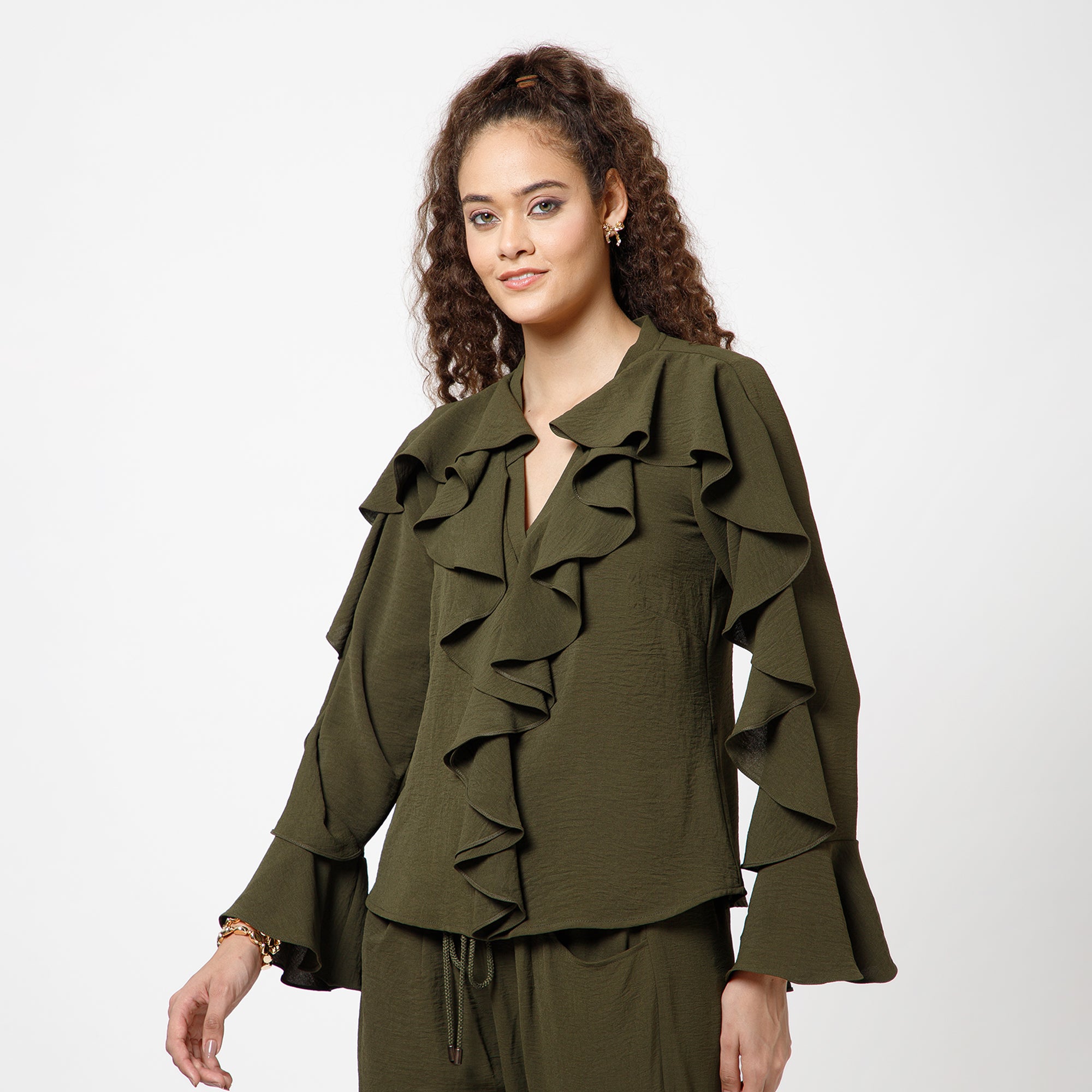 Green Crepe Frill Top