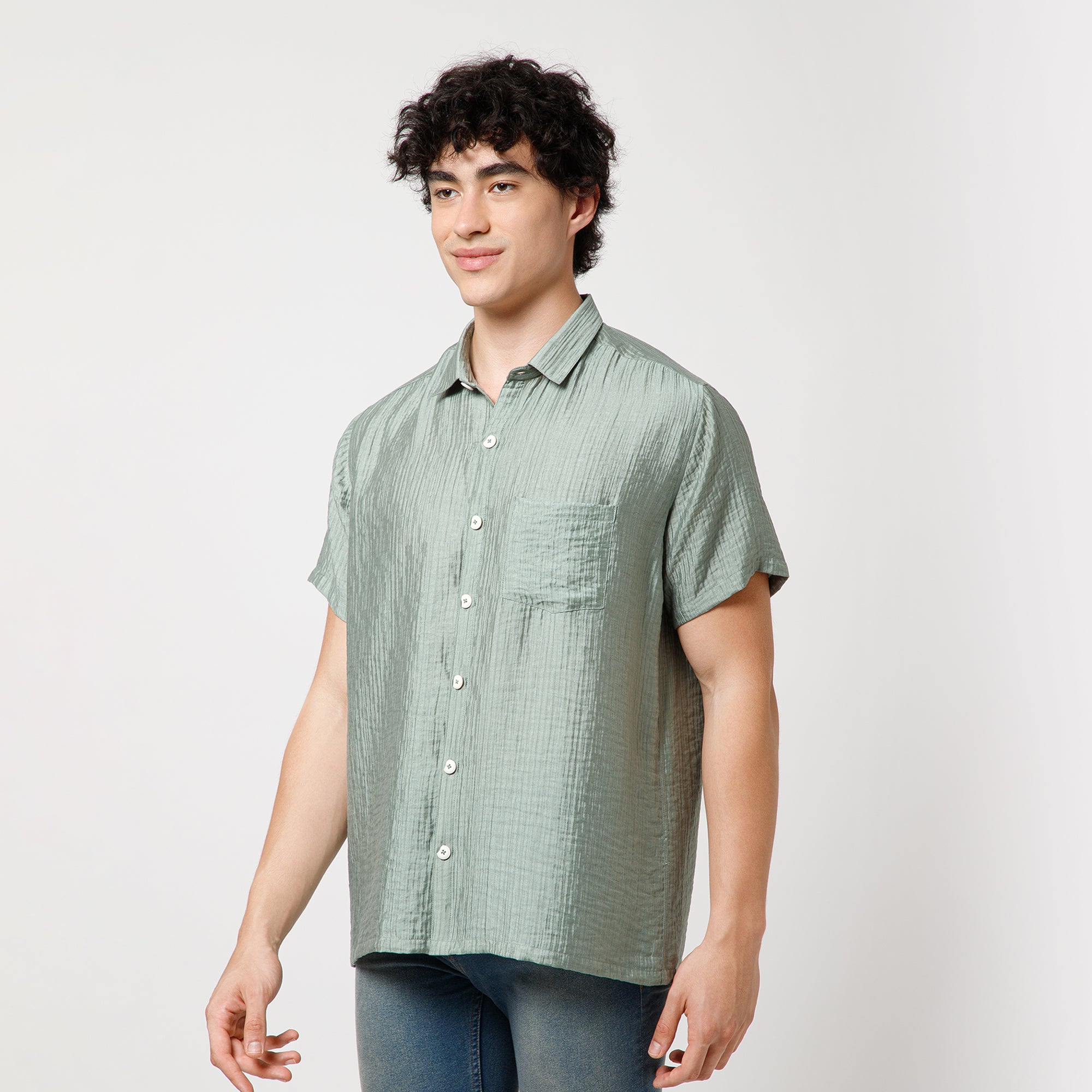 Green Double Gauze Half Sleeves Shirt