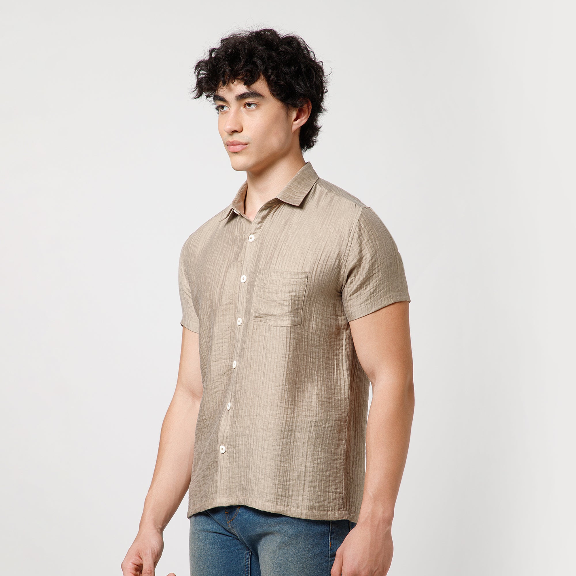 Beige Double Gauze Half Sleeves Shirt