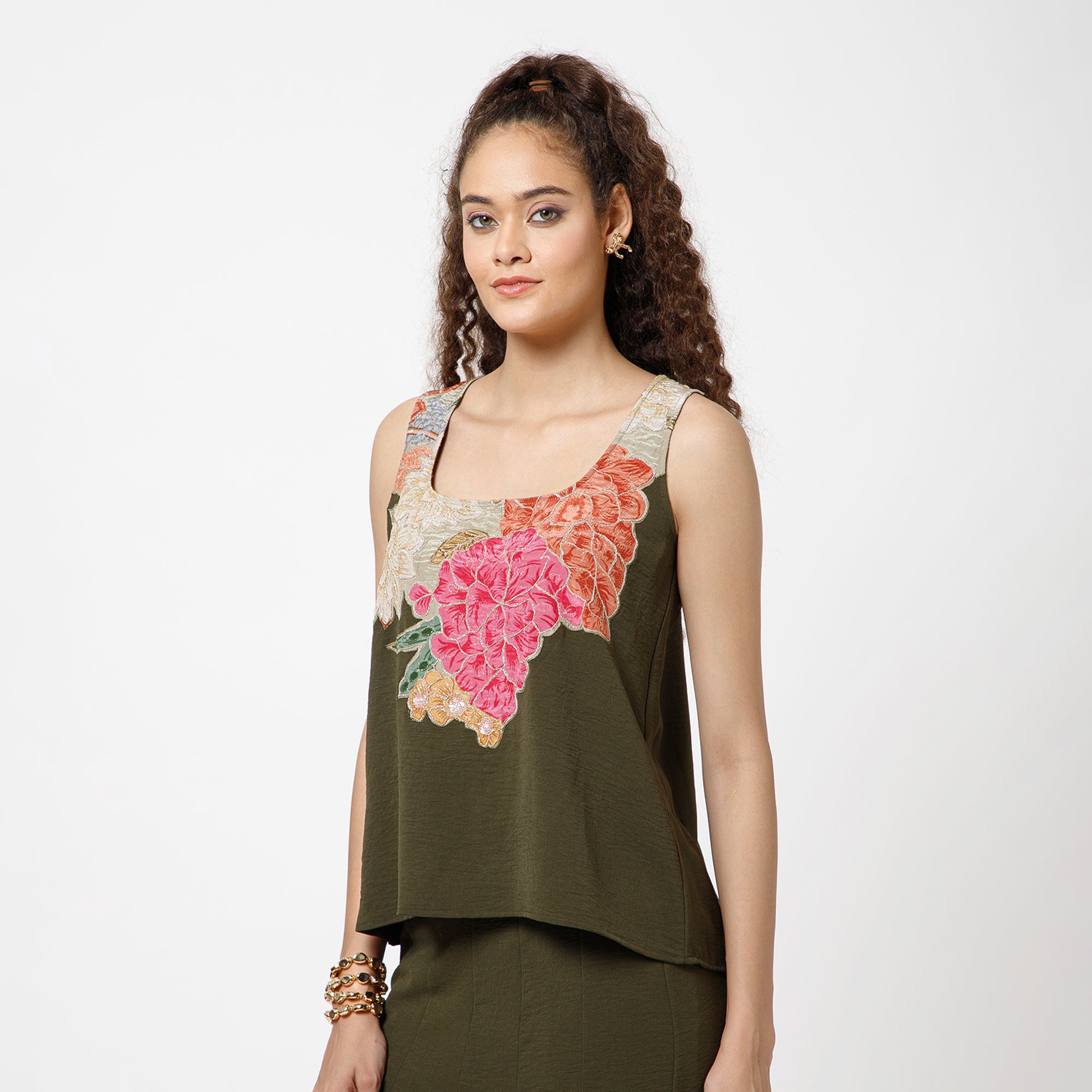 Prune Crepe Top With Patch Embroidery