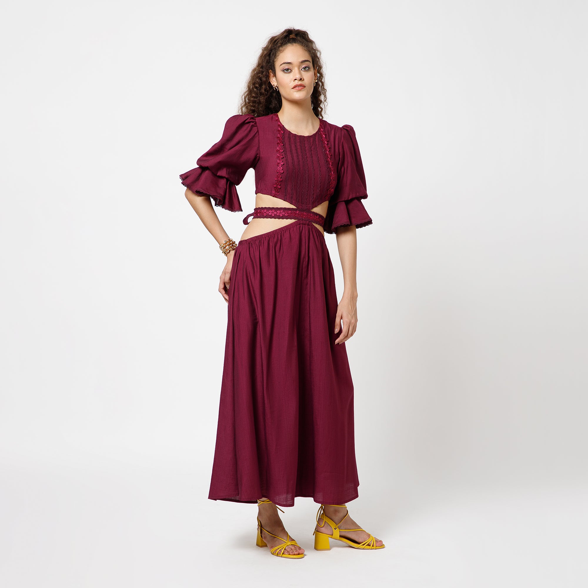 Prune Dress With Lace Yoke & Tie Belt