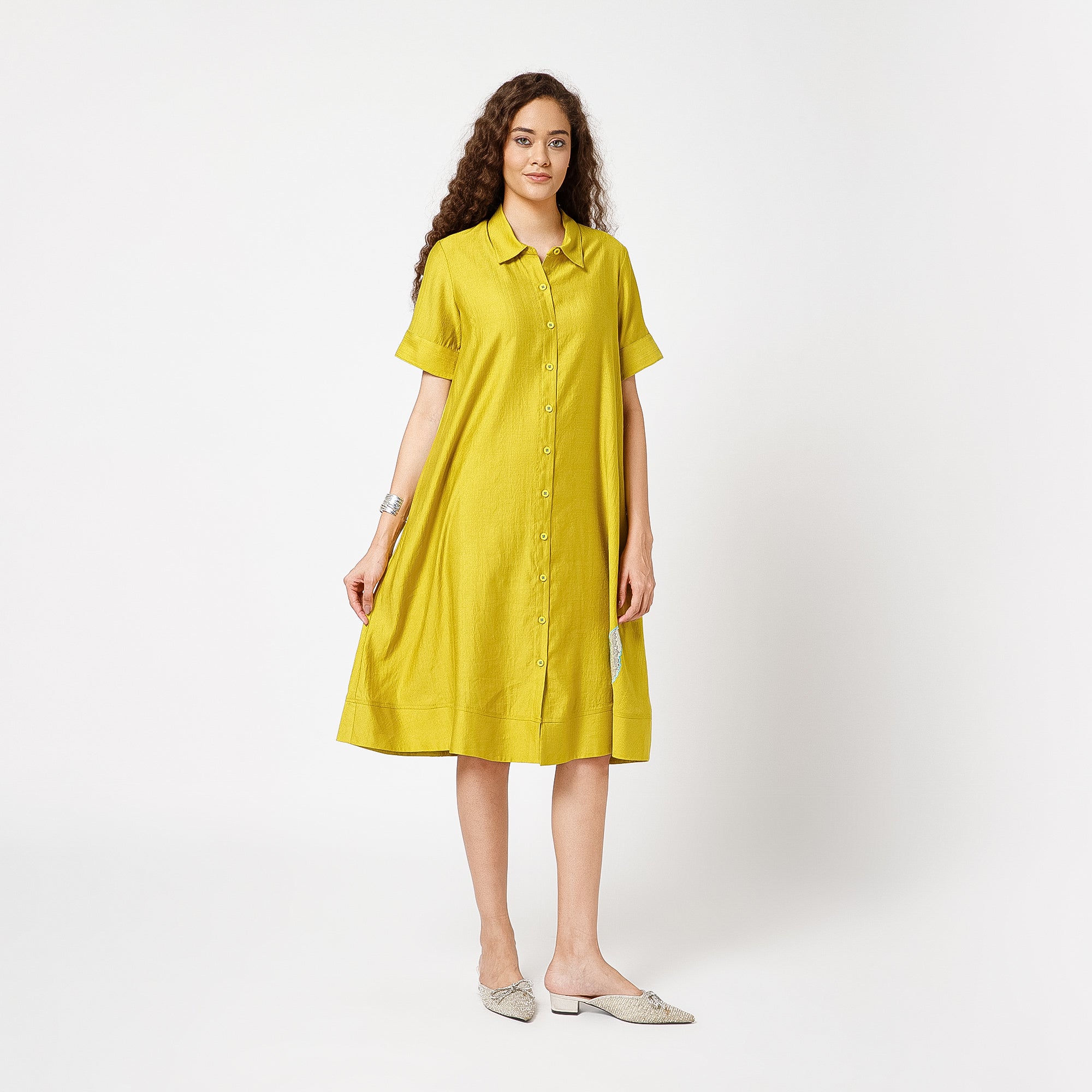 Olive Dress With Butterfly Embroidery