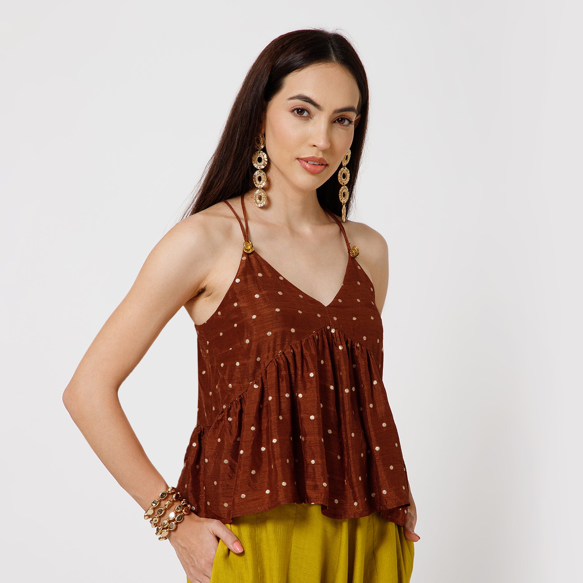 Brown Silk Brocade Spaghetti Top